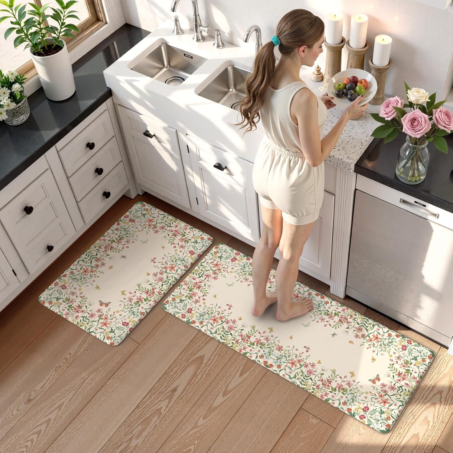 KIMODE Anti Fatigue Kitchen Mats for Floor 2 Piece, Cushioned Floral Kitchen Rugs, Memory Foam Kitchen Floor Mats, Summer Standing Desk Mats for Laundry Office Sink Beige 17"x47"+17"x29"