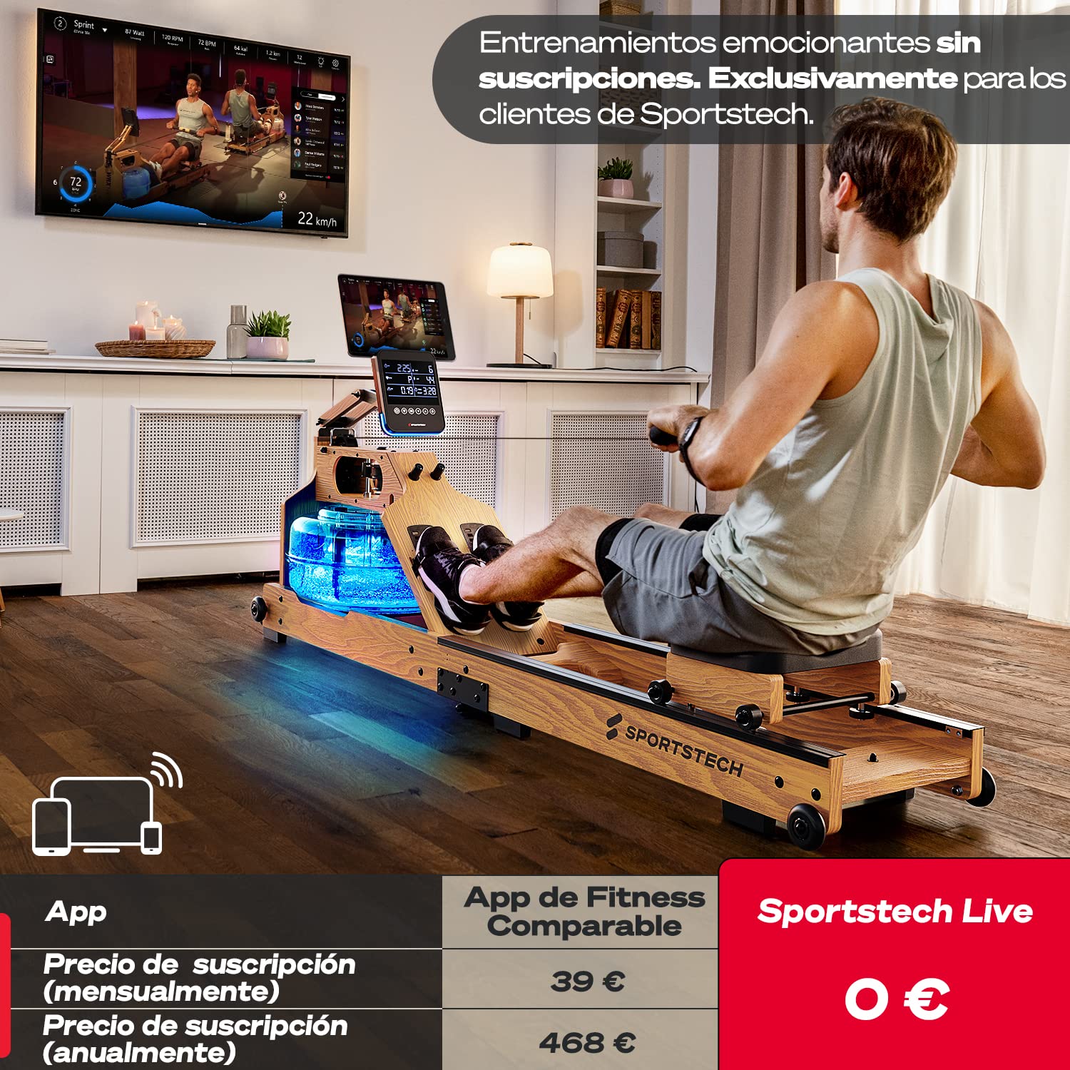 Sportstech - WRX1000 Agua Maquina de Remo, Premium Maquina de Remo para Casa, Plegable Maquina Remo con Tecnología Pulse Depósito de Agua LED de 7 Zonas y Pantalla LCD