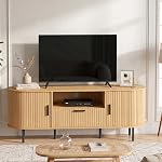 HOMCOM TV Stand for TVs up to 60", Modern Entertainment Center with Curved Sliding Doors, Media Console with Drawer, Cabinet and Shelf, Natural Wood