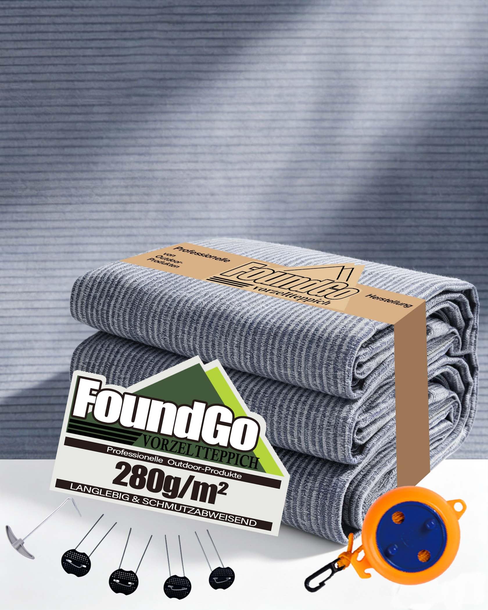 FoundGo Vorzeltteppich mit Ösen [280g/m² HDPE] Camping Teppich Outdoor Vorzeltboden inkl. Tragetasche 8 Stahlnägel & Wäscheleine