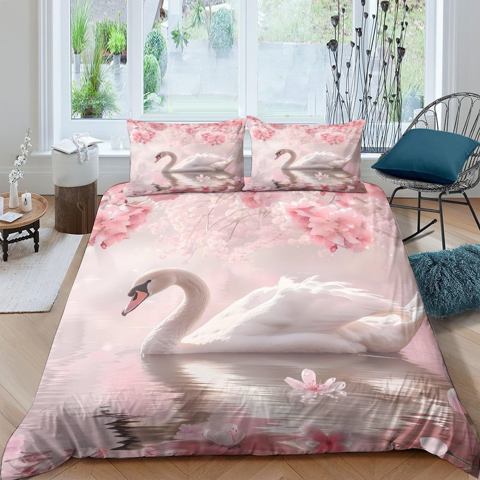 Ctjqhvkz Style-1 3D Printed Elegant Swan Fitted Sheet Microfiber Soft Pink Blossom Bed Cover Anti-Slip Washable For Bedroom Guestroom Decor Single（135X200cm）