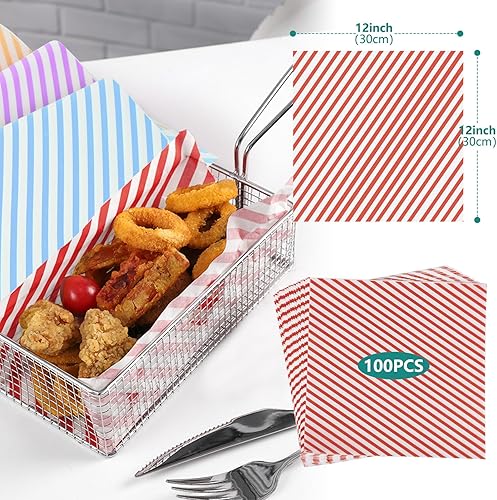 Vista 37 de Hojas de papel encerado de 12 x 12 pulgadas, 100 forros para cestas de alimentos para sándwiches, hamburguesas, envoltorios de alimentos Rayas