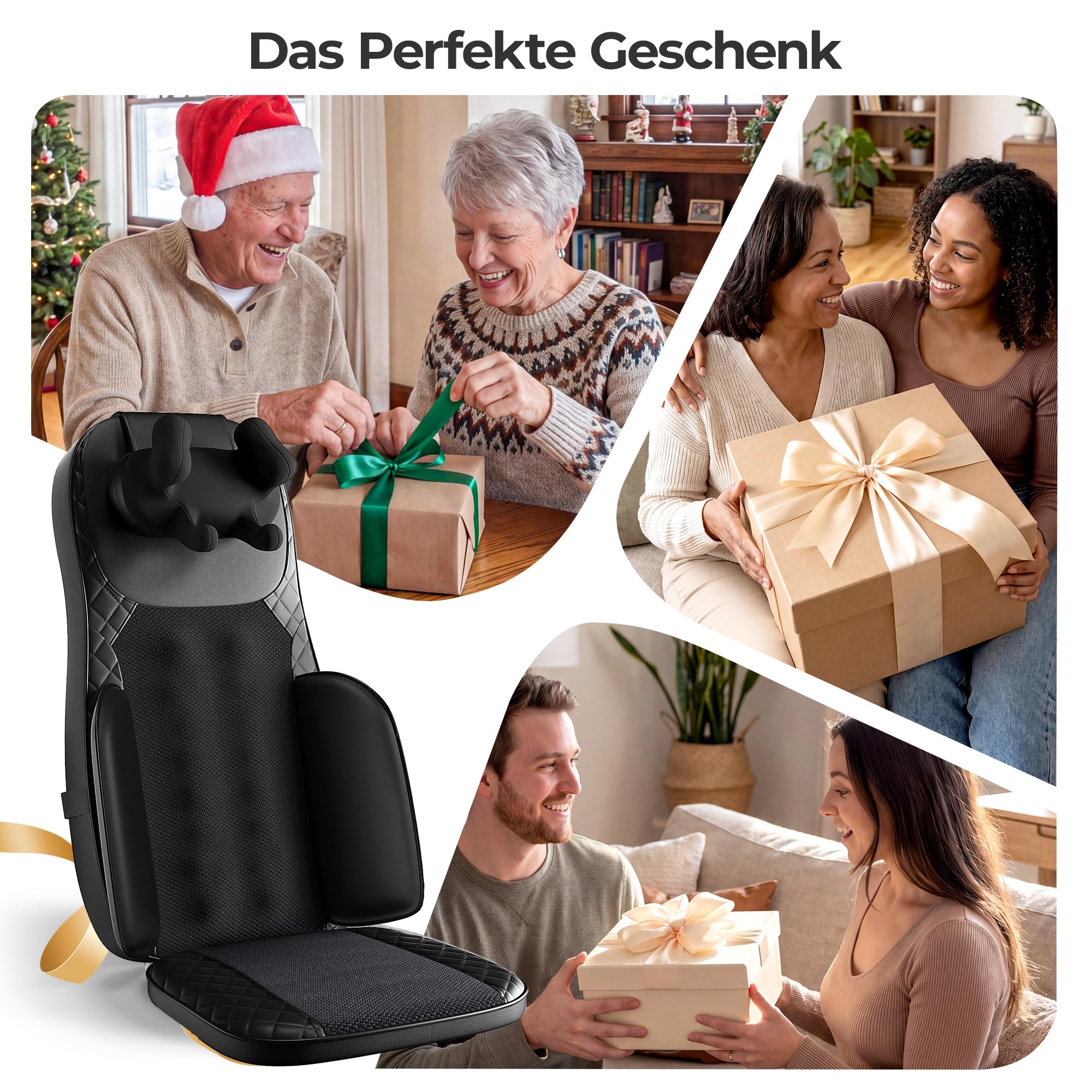 Shiatsu Massagesitzauflage, Massagegerät Rücken mit Knetmassage, Rollmassage & Vibration, Rückenmassagegerät mit Wärme mit 2 Nacken-Wechselköpfen für Nacken Schulter Rücken und Oberschenkel