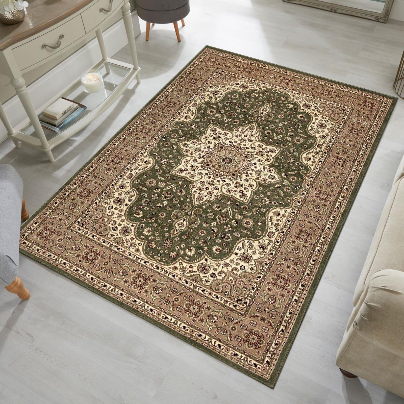 cozily® Washable Green Bedroom Rug 160x230 cm - Jute Back Carpets For Living Room - Rome Vintage Large Living Room Rugs — image 1