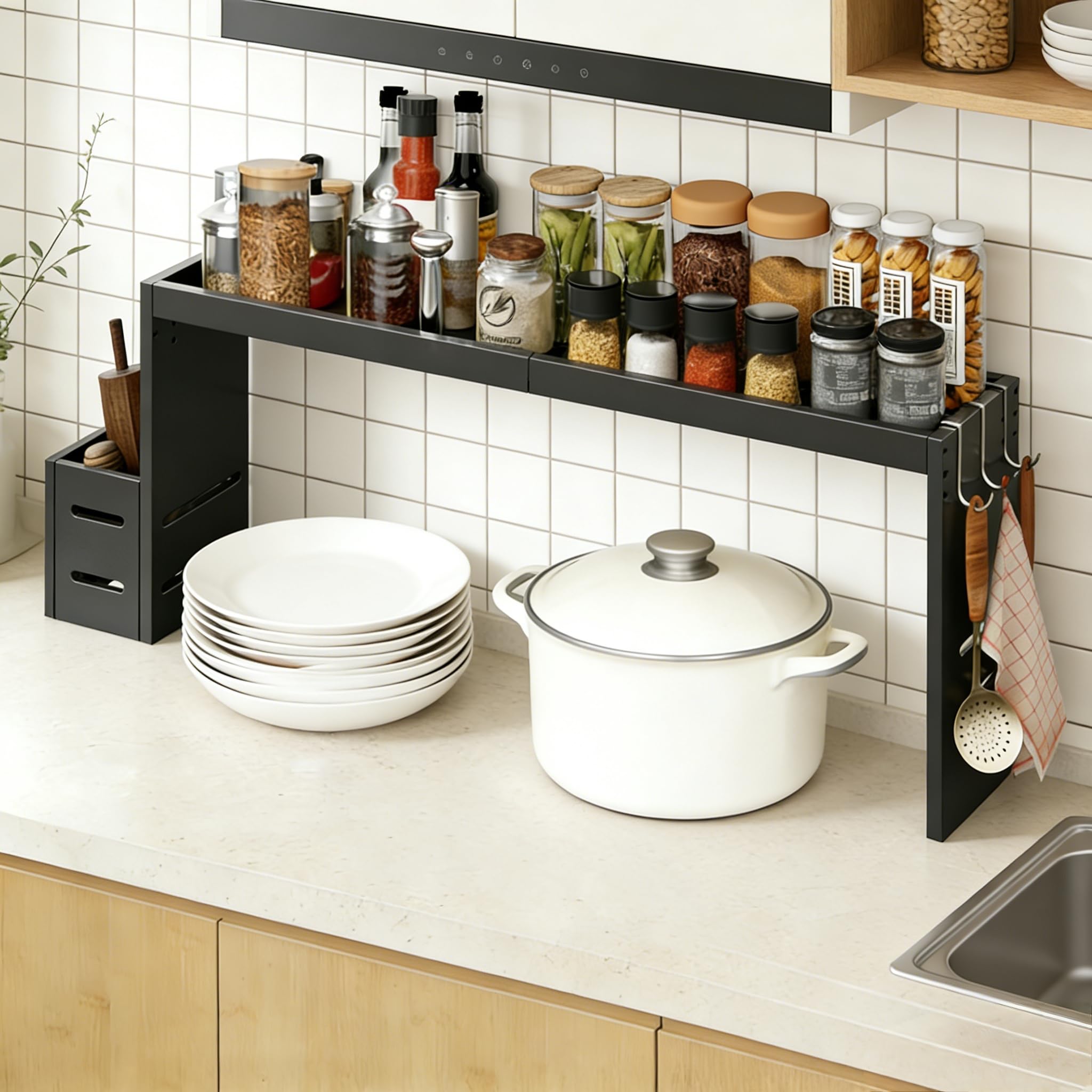 Bamboo Stove Top Spice Rack Organizer, Over The Stove Shelf 31 in Countertop Storage with Utensil Holder, 6 Hooks, Fit Stove, Kitchen Counter, Stove Top Shelf for Spice, Jar, Cooking Tool Black - 4