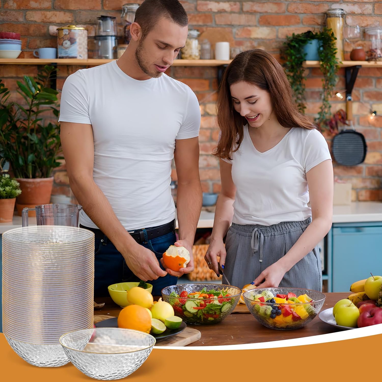 100 Pcs 12 oz Clear Plastic Bowls Hammered with Gold Rimmed, Heavyweight Disposable Bowl Set, Salad Dinner Bowls for Party, Wedding, Holiday, Catering (Clear)