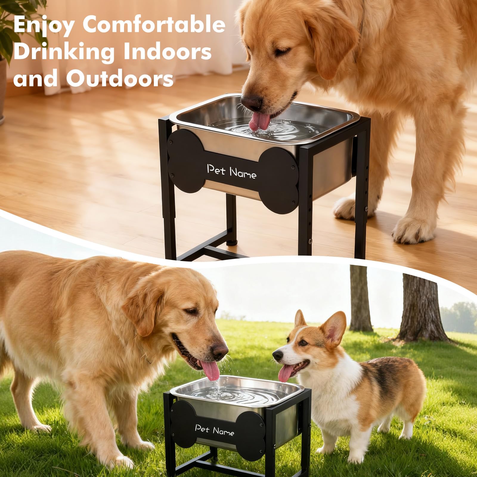 Gamelle surélevée pour Chien, Bol d'eau INOX 9L Réglable pour Grandes Races, Distributeur avec Support Métal pour Soulager Les Articulations, Facile à Nettoyer, Intérieur Extérieur