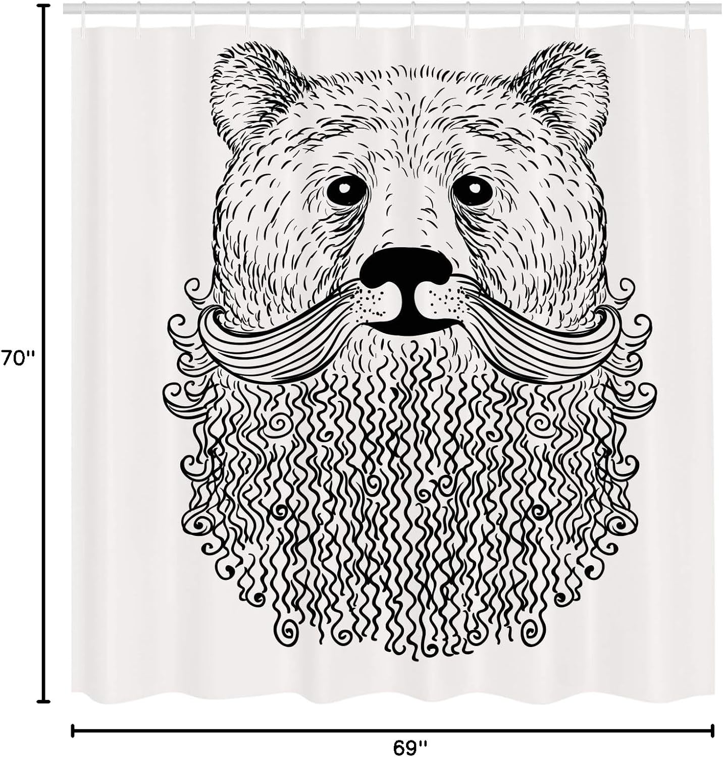 Ambesonne Indie Shower Curtain, Doodle Style Sketch Bear Portrait with Curly Beard and Mustache Cool Animal, Cloth Fabric Bathroom Decor Set with Hooks, 69" W x 70" L, Charcoal White