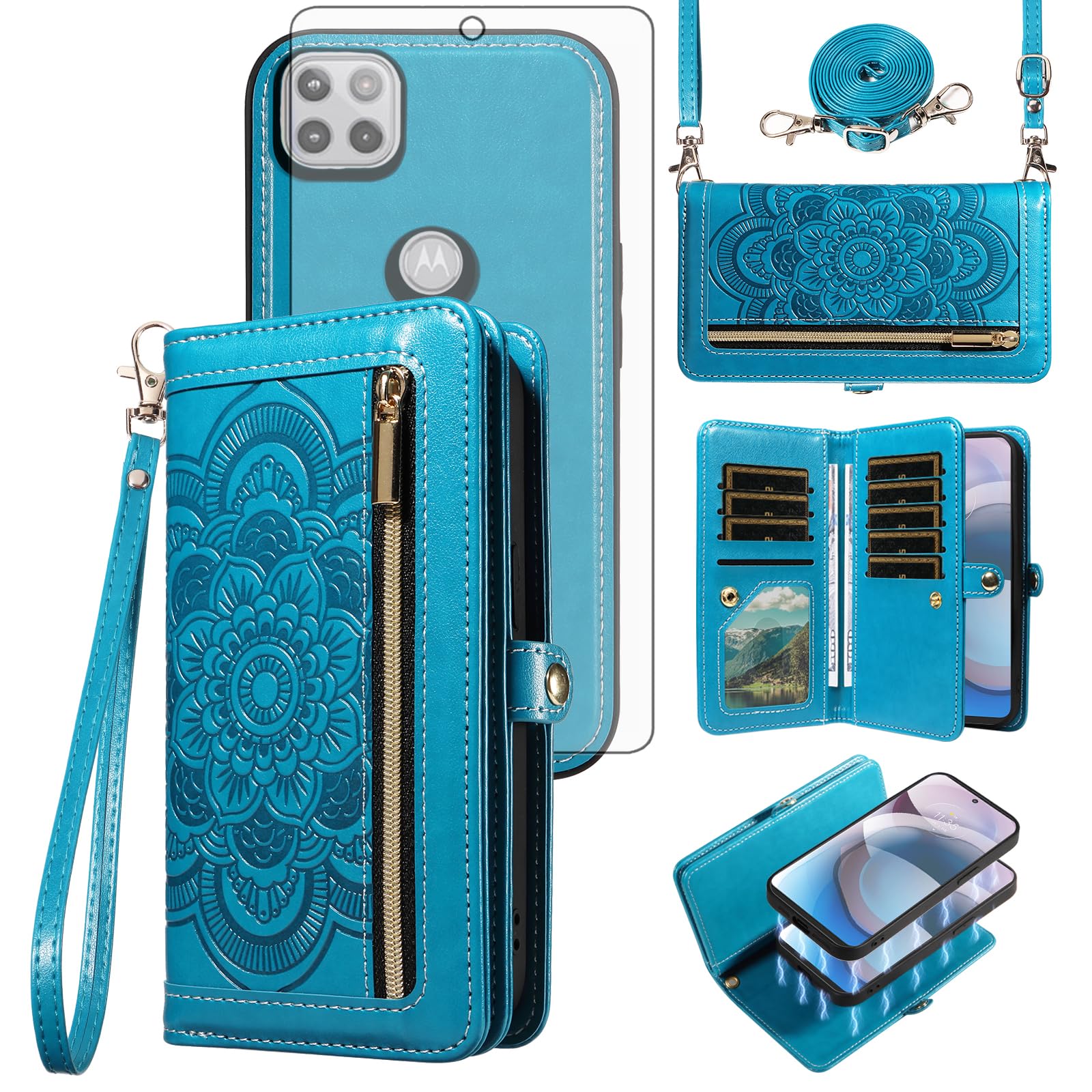 Asuwish Phone Case for Moto One 5G Ace/Motorola G G5 2021 Zipper Wallet Cell Cover with Tempered Glass Screen Protector Strap Flower Card Holder