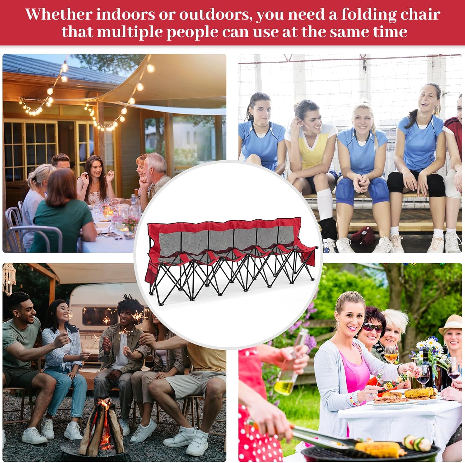Kigley 6 Seats Folding Soccer Bench Chair Portable Team Sports Sideline Bench for Football Camp Travel Events Outdoor Seating with Storage Bag(Mesh Seat, Red)