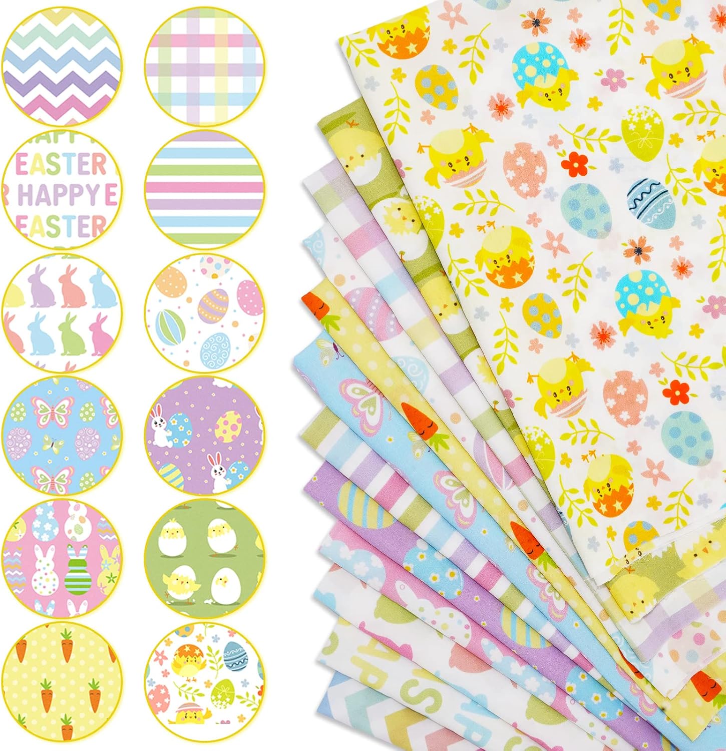 Whaline 12Pcs Easter Cotton Fabric Bundles 18 x 22 Inch Spring Bunny Egg Carrot Printed Fat Quarters Happy Easter Quilting Patchwork Squares Sewing Fabrics for DIY Handmade Crafting Home Party Decor