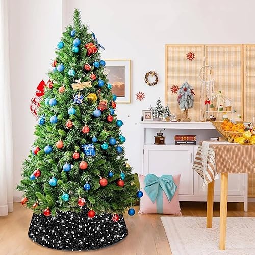 Miniatura 6 de Collar de árbol de Navidad, falda de árbol de lentejuelas negras de 24 pulgadas, faldas de árbol de Halloween para árboles artificiales, anillo de
