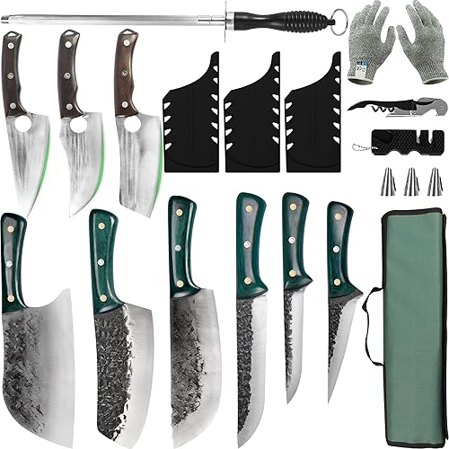 FULLHI Juego de cuchillos de carnicero portátil de 12+3 piezas, mango de madera verde con bolsa para cuchillos, cuchillo de chef forjado a mano,