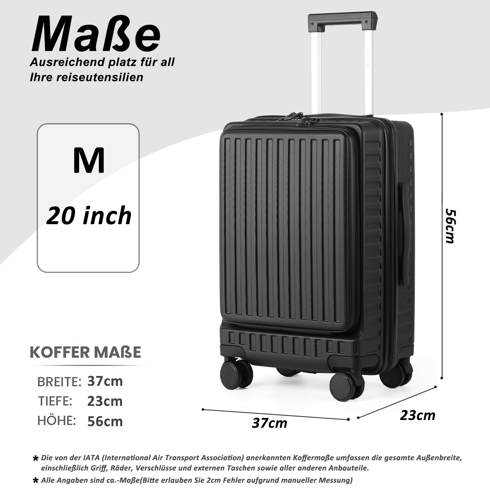 TANTOMI Handgepäck Koffer mit Laptopfach, 20 Zoll Hartschalenkoffer, Leichter ABS-Rollkoffer, Reisekoffer mit 4×360°-Rollen, TSA-Schloss (Schwarz, 41L)