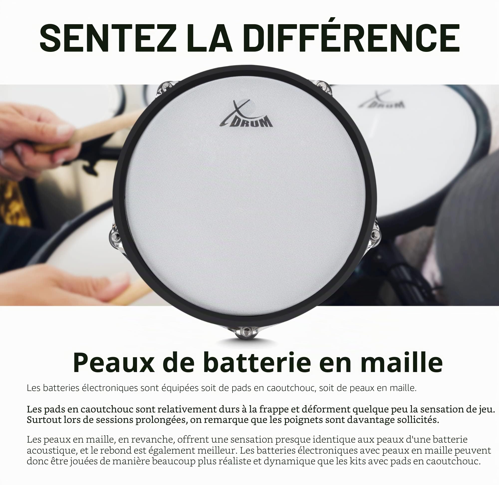 XDrum DD-670 Mesh batterie électronique drum kit avec vrai HiHat et cuves - pad de caisse claire 14" et pad de grosse caisse 20" - 720 sons, 20 kits de présélection - matériel inclus - noir brillant