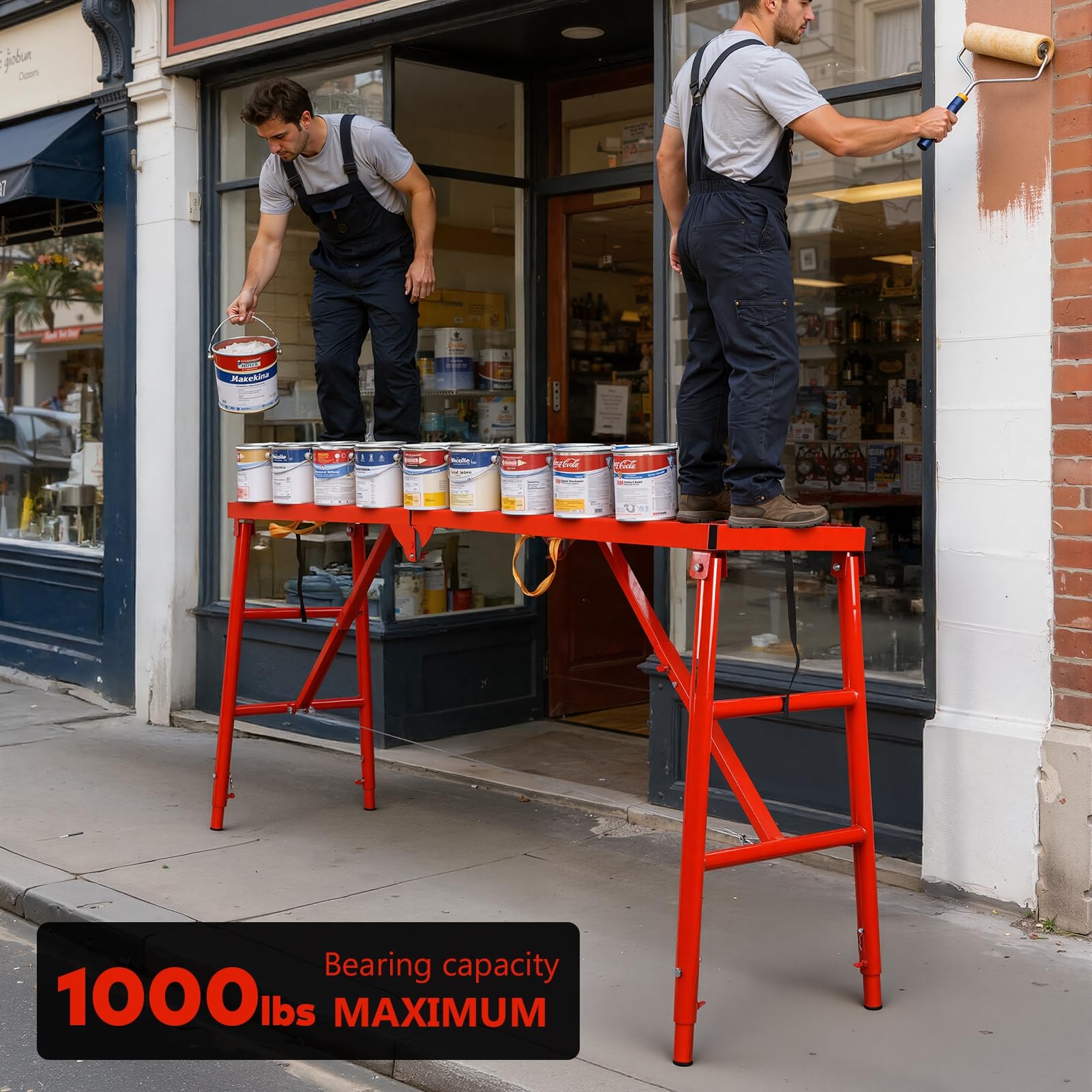 Plateforme de Travail Réglable & Pliable – Échafaudage Acier 450kg Marche Pied Large Fonction Établi, Tréteau Table Pliante, Alternative Stable aux Échasses Plaquiste, Step Échelle Rouge