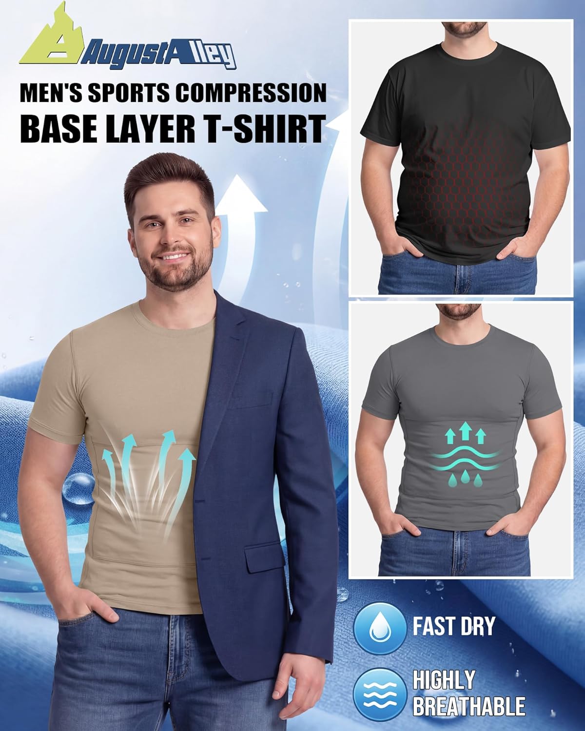 August Alley 3 Pack Men's Short Sleeve Shirts Athletic Sports Compression T-Shirts Workout Cool Dry Base Layer Undershirt