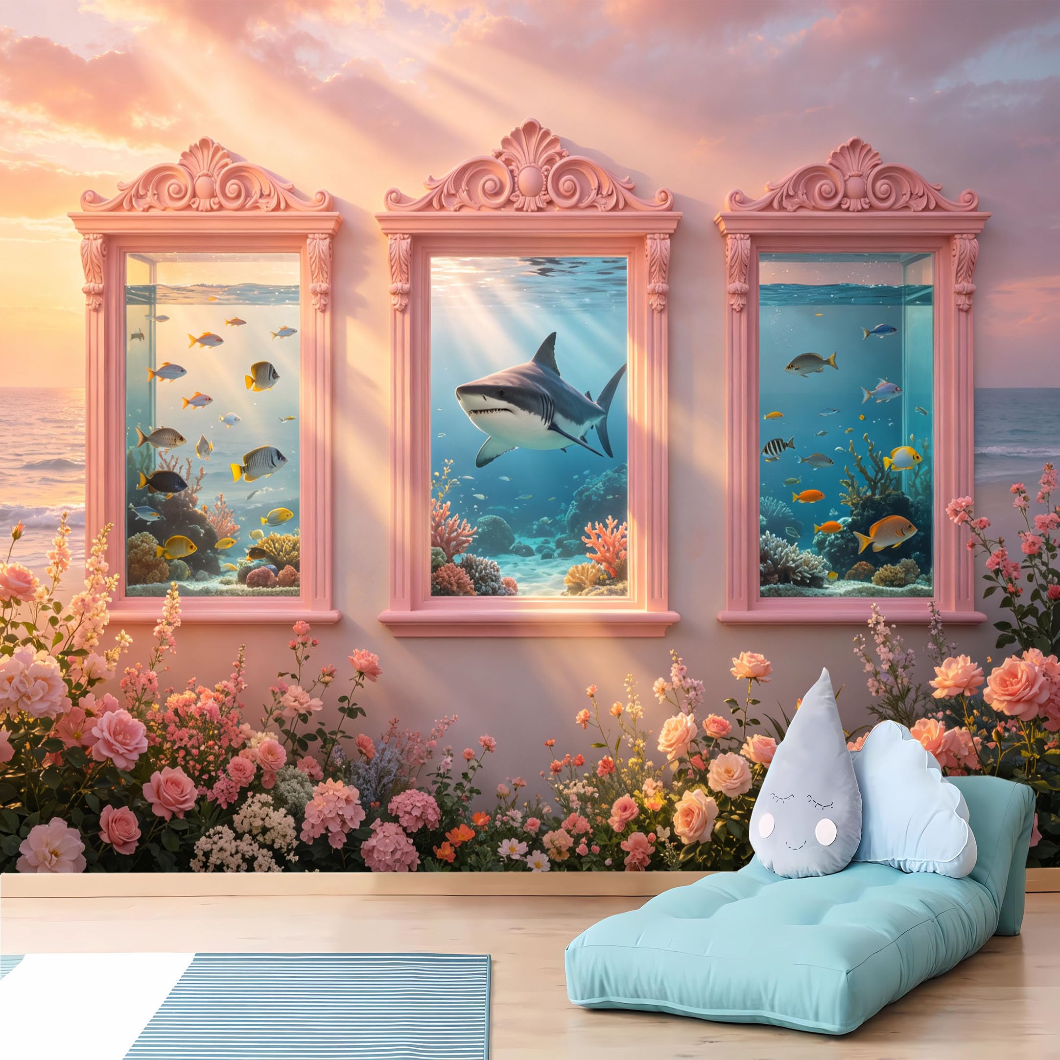 Custom Size Wall Murals Underwater Shark & Fish Through Pink Window Wall Murals Fantasy Seascape Wallpaper Vivid Self-Adhesive Removable Wallpaper for Living Room