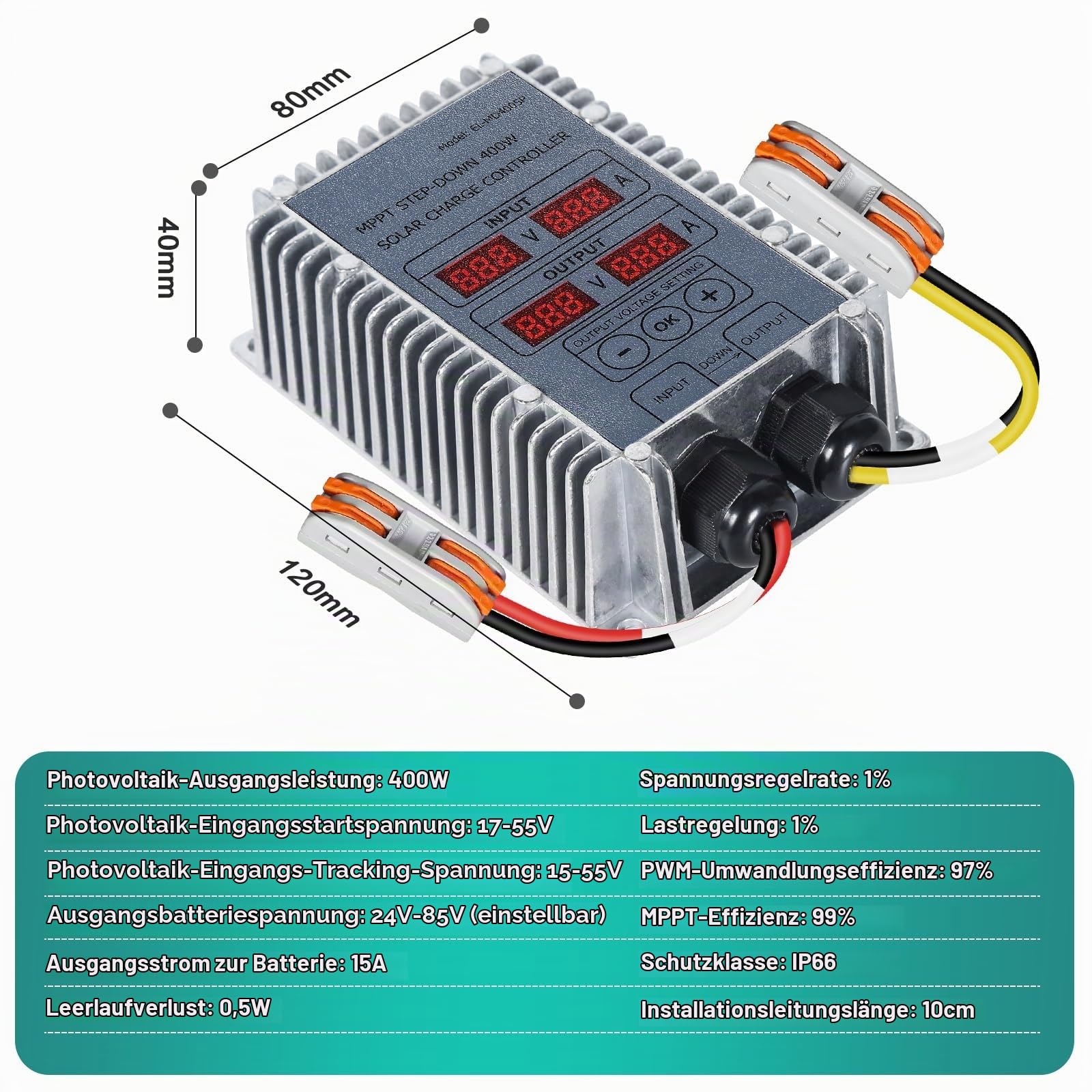 DEWIN Solarladeregler, Boost MPPT Solar Laderegler 24V–85V Spannungsverstellbares Step Up Solar Ladegerät Solarregler Solarpanel Laderegler 400W