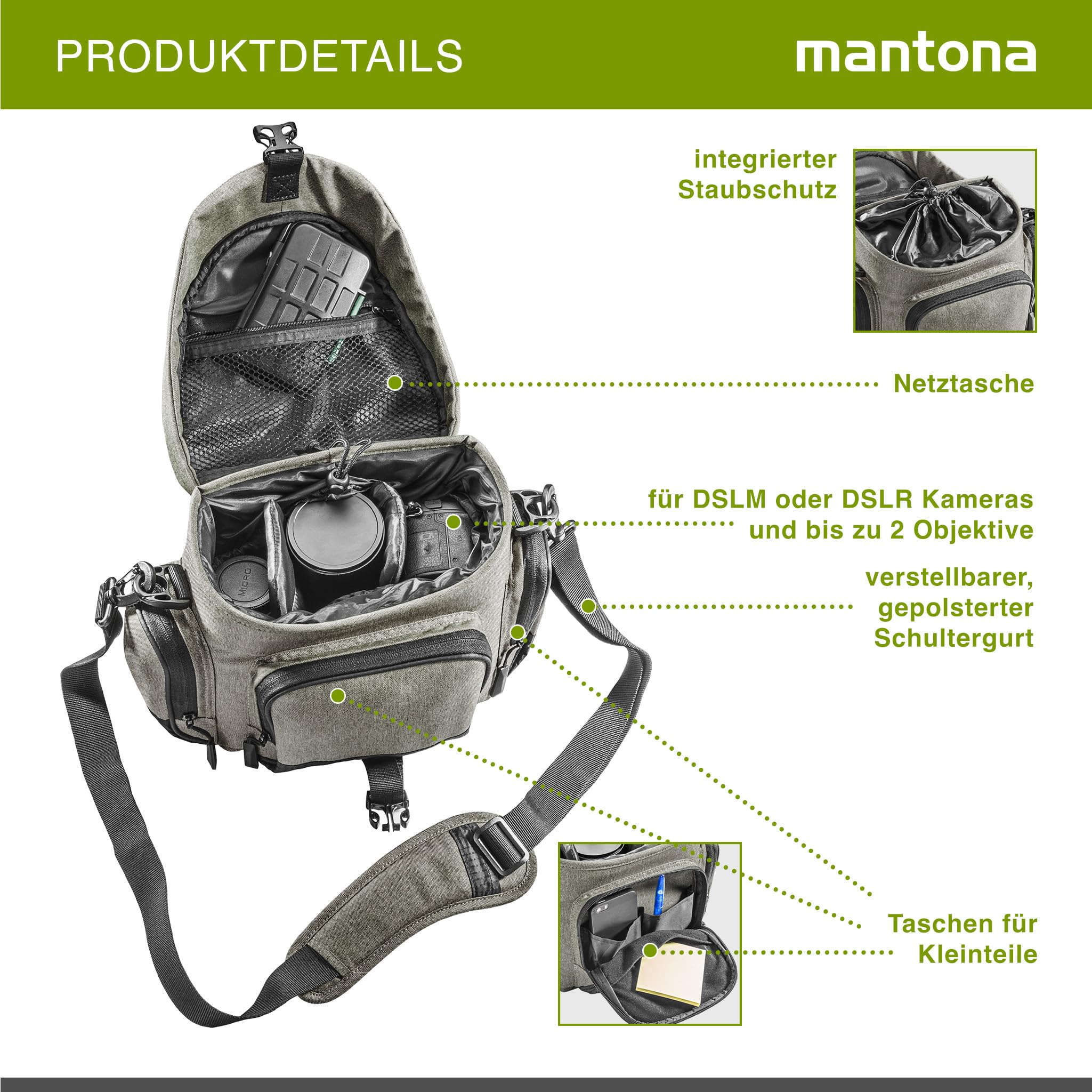 Mantona Premium Sac à Dos pour Appareil Photo, rembourré, pour Appareil Photo DSLR et Accessoires, Appareil Photo Hybride, Appareil Photo DSLM, Objectif supplémentaire, avec Poches supplémentaires