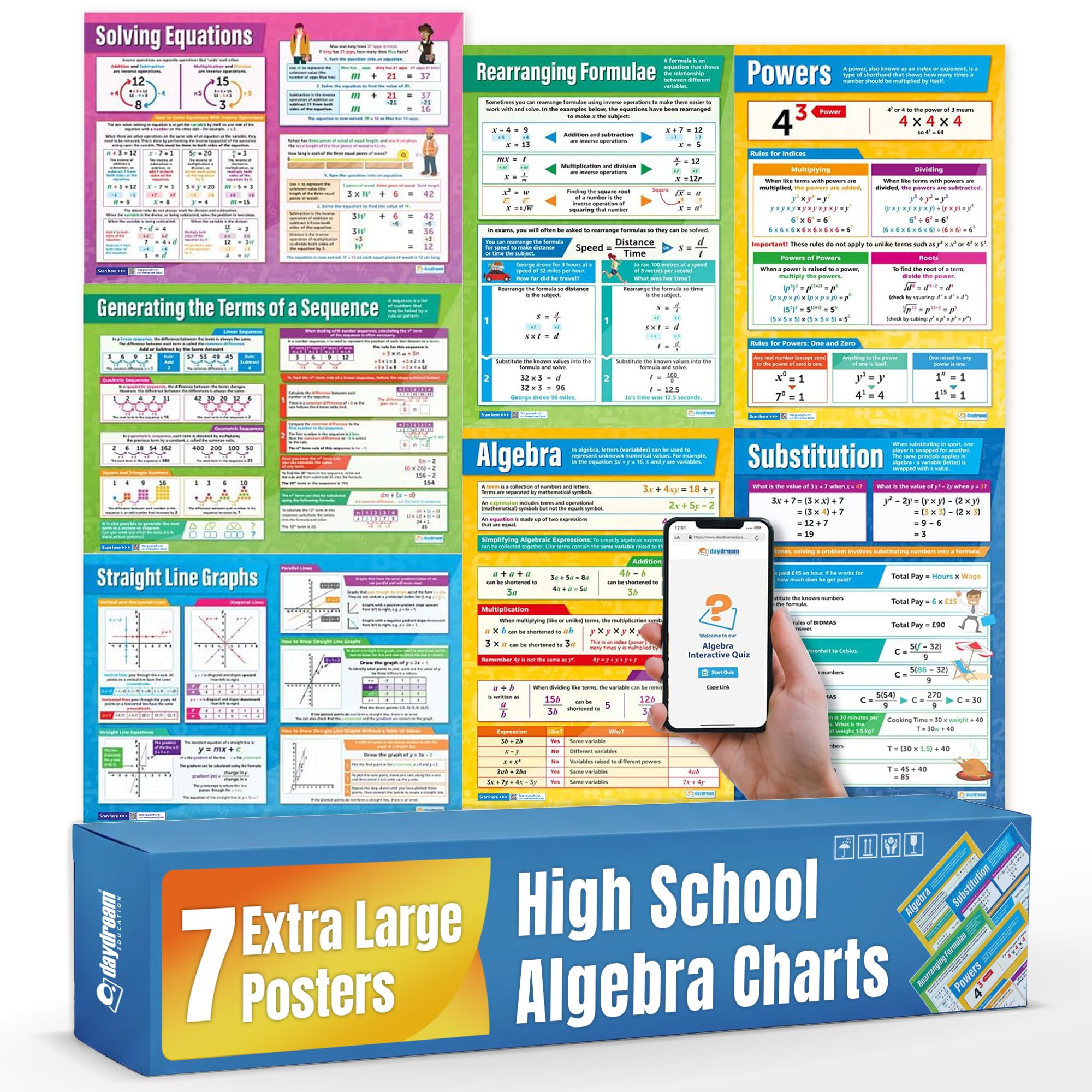 Daydream Education Algèbre Posters - Lot de 7 | Cartes mathématiques | Papier brillant 594 mm x 850 mm (A1) | Cartes mathématiques pour la classe | Affiches éducatives