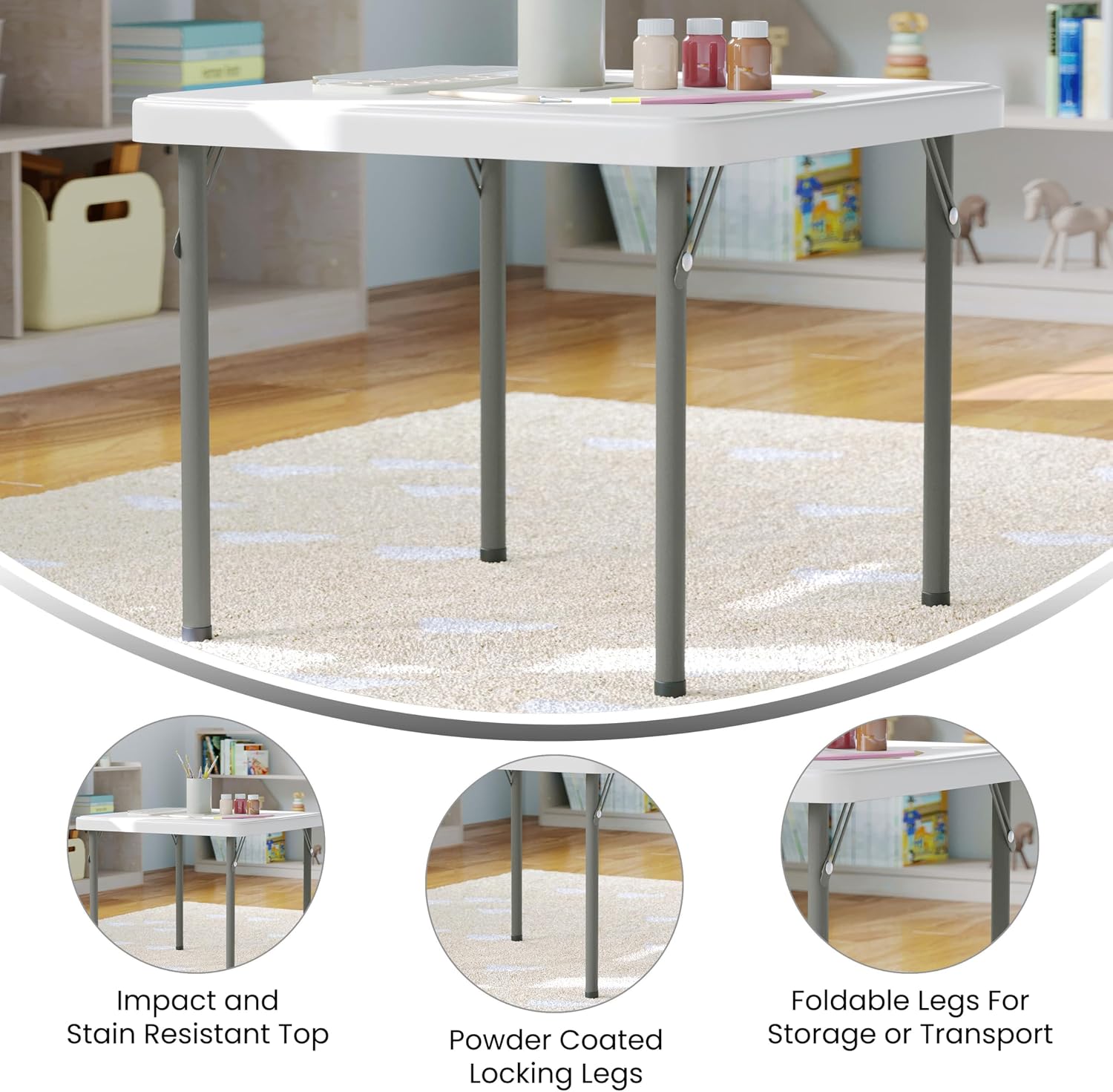 Flash Furniture Paige 24x24 Kids Folding Table with Locking Legs, Commercial Grade Table Recommended for Ages 2-4 in Granite White