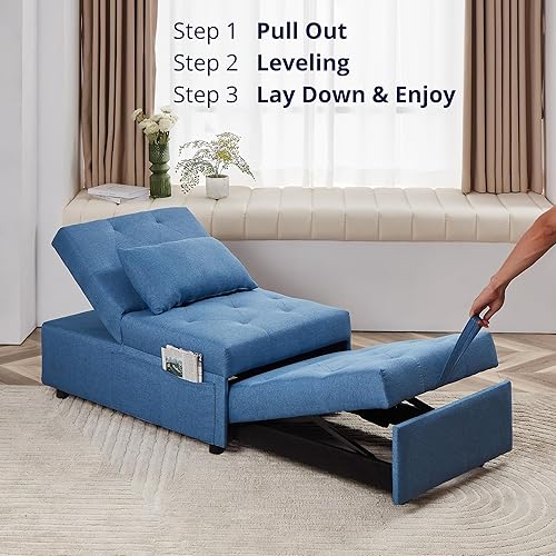 Miniatura 4 de Cozy Castle Cama de silla, silla de cama extraíble, cama otomana 3 en 1, futón convertible, tumbona de lino duradero, sofá cama para sala de estar,