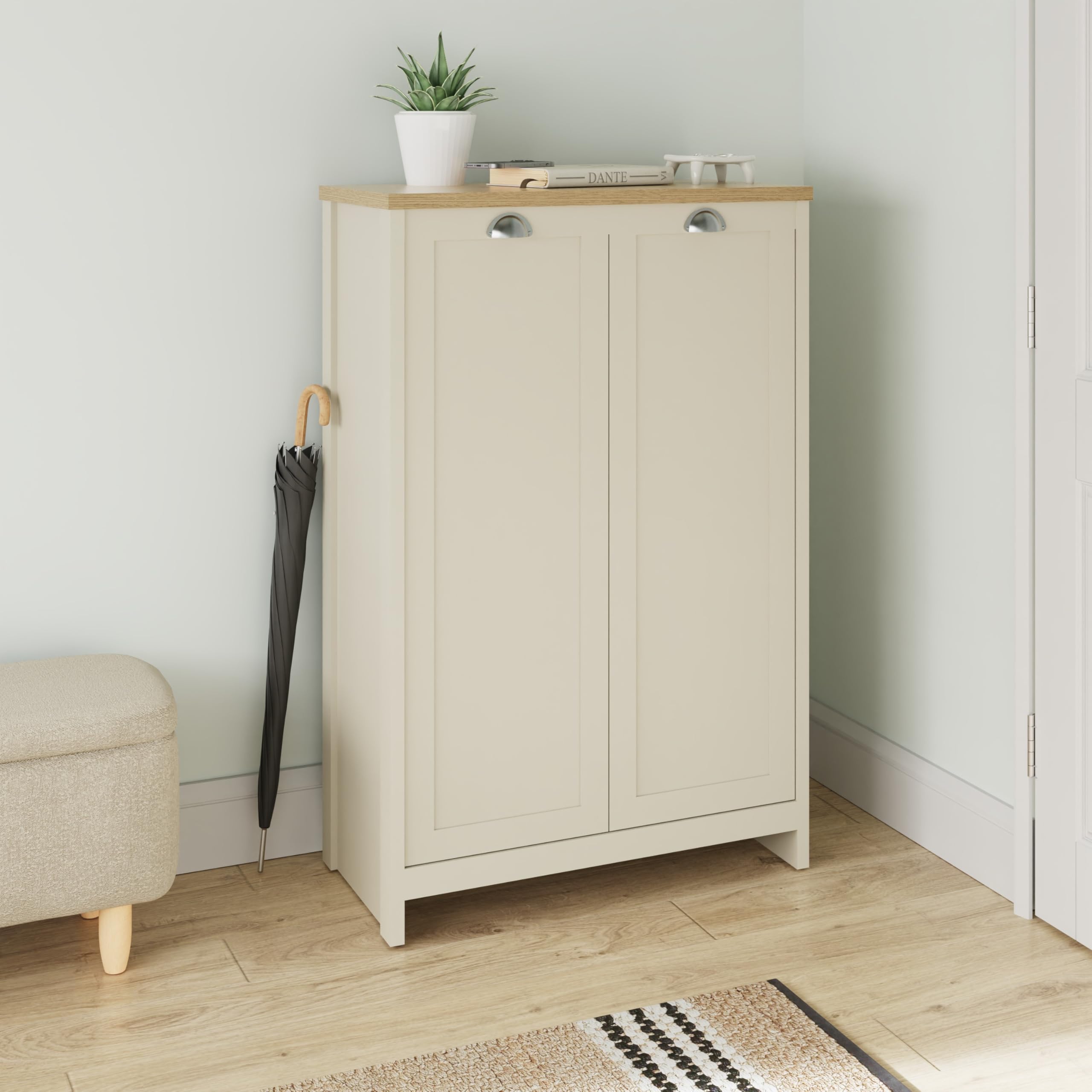 GFW Lancaster 2 Door Tall Shoe Cabinet - Cream and Oak Effect Top - 5 Adjustable Shelves