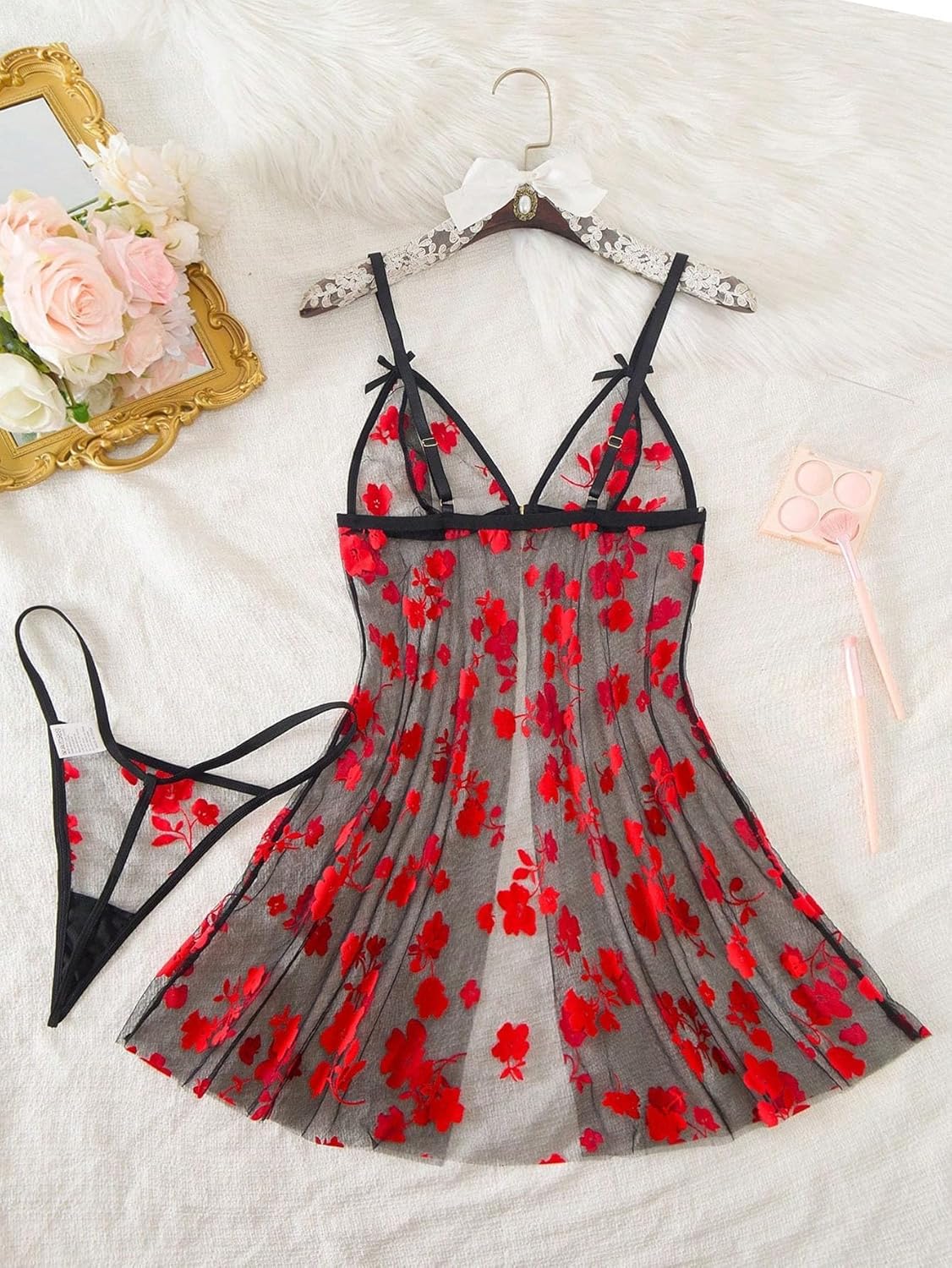 Foxiny Sexy Applique Floral Mesh Sheer Babydoll Lingerie Dress Set with Thong 2 Piece