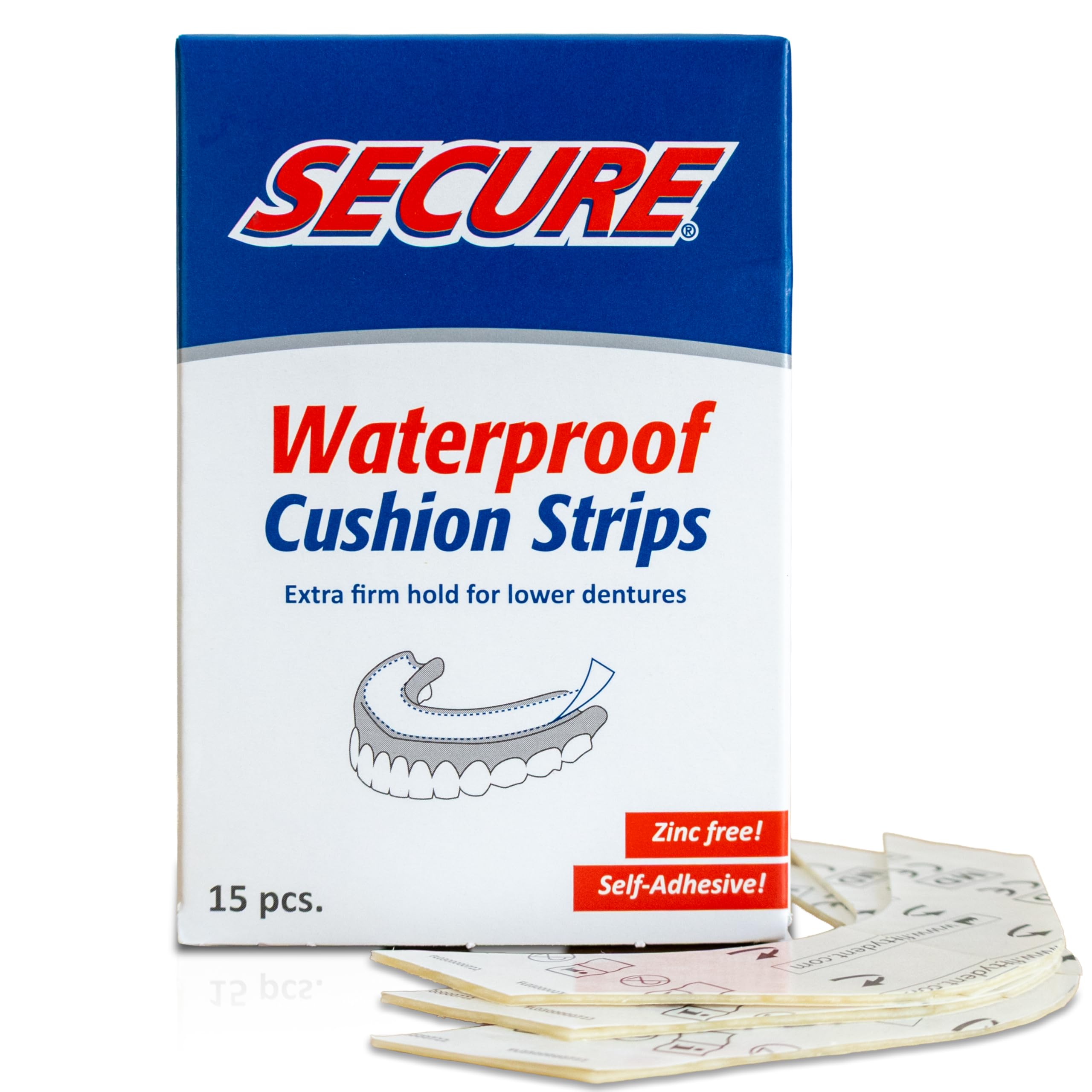 SecureDenture Adhesive Strips – Zinc Free – Waterproof – Comfortable Cushion Fit for Lowers – Extra Firm All-Day-Hold – No Mess – Clean Ingredients – 15 Strips (1 Pack)
