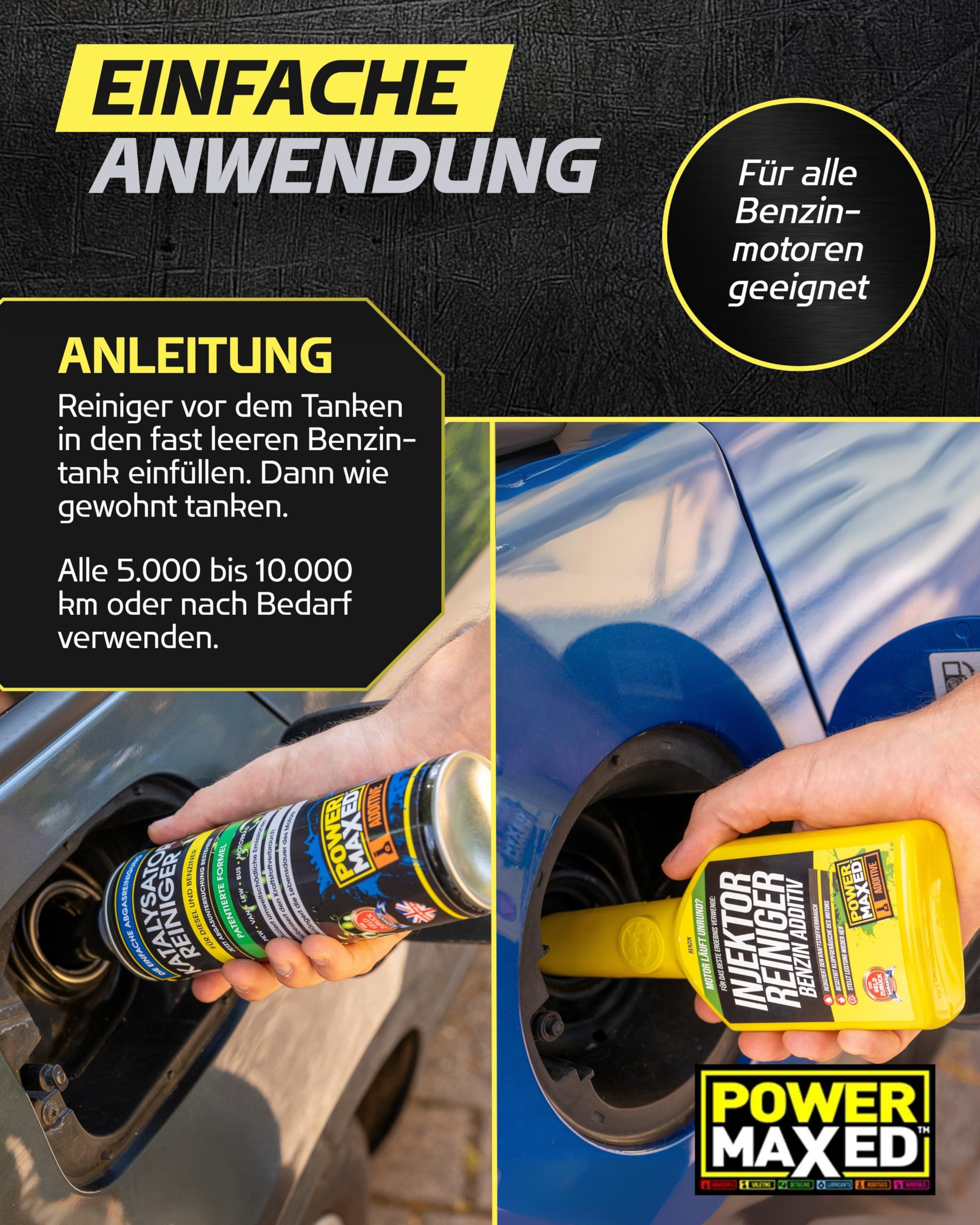 Power Maxed Benzin-Komplett-Kur – 3+1 Set Systemreiniger für Benziner & Hybrid – Katalysator & Injektor Reiniger – Reduziert Emissionen & senkt Verbrauch