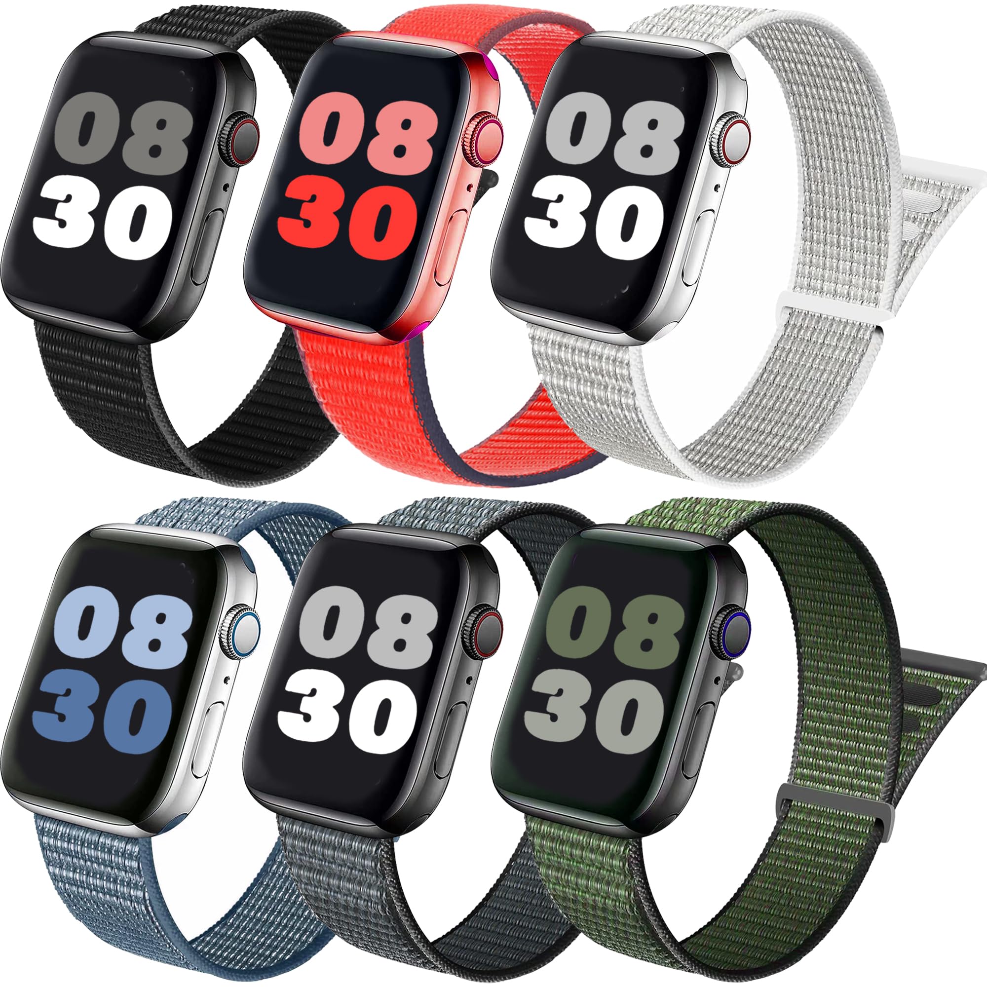 MAZTRON 6-Pack Sport Loop Nylon Band Compatible with Apple Watch 38mm 40mm 41mm 42mm 44mm 45mm 49mm size, Soft Light-weight Breathable Replacement Strap for iWatch Series ULTRA SE 8 7 6 5 4 3 2 1