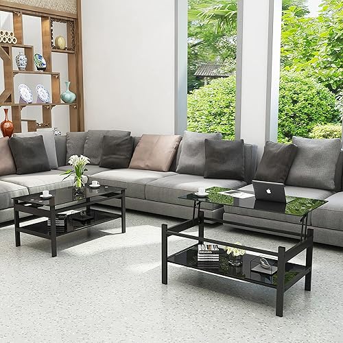 Miniatura 3 de Meihua Mesa de centro de cristal con compartimento de almacenamiento y estantes abiertos separados mesa de elevación para sala de estar hogar