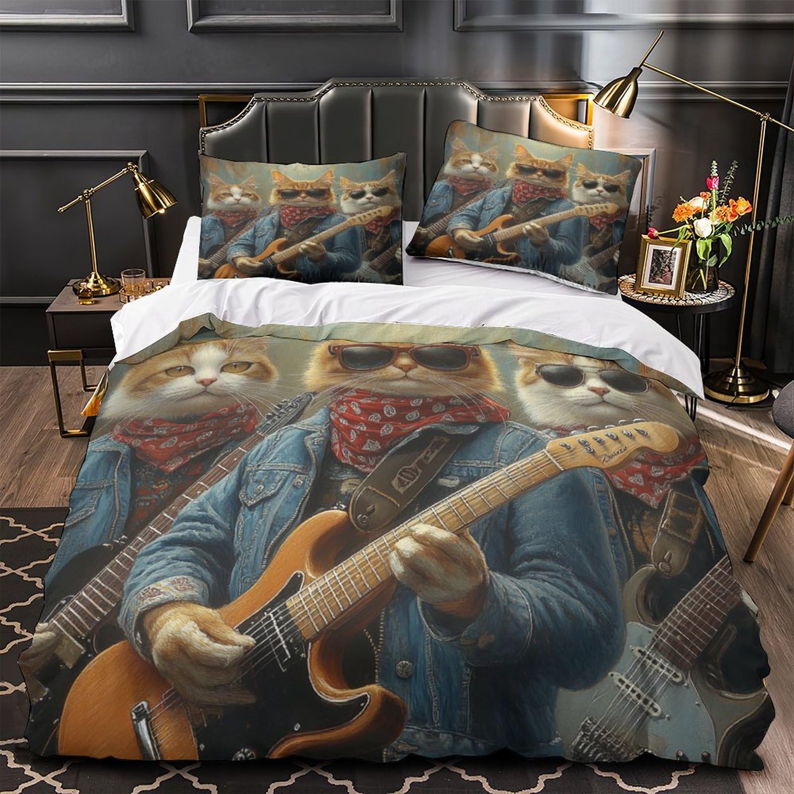 Housse de couette Rock Cats 3D drap de couette microfibre hypoallergénique lit 260x220cm