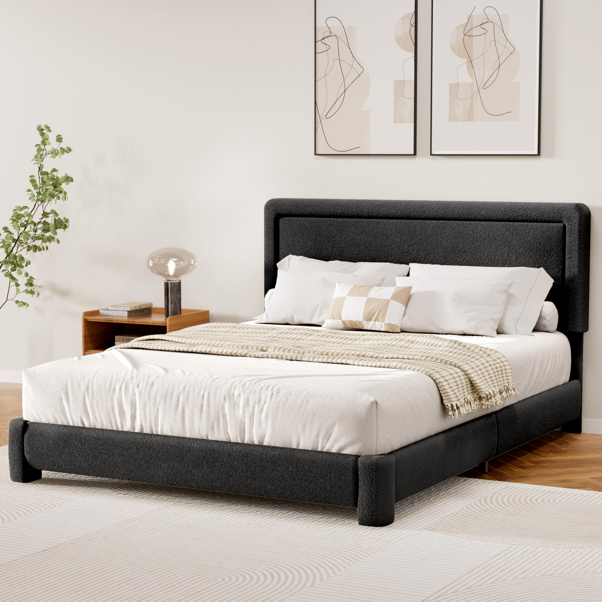 WEUP Queen Size Boucle Bed Frame, Upholstered Cloud Bed Frame with Adjustable Headboard, Soft Rounded Corners, No Box Spring Required, Easy Assembly,