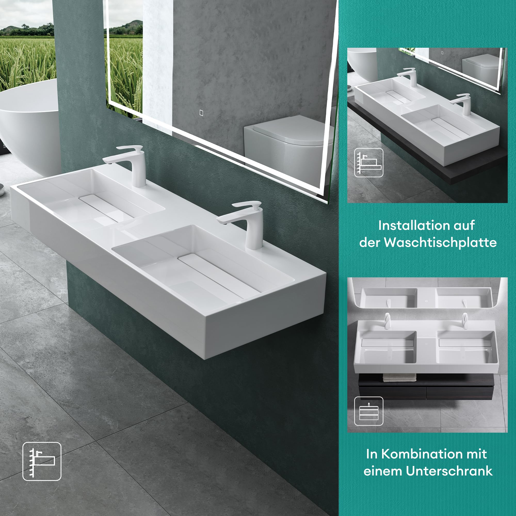 Mai & Mai Waschbecken Aufsatzwaschbecken Hängewaschbecken Col12 Doppelwaschbecken 120x48x13cm Waschtisch Waschplatz in weiß aus Mineralguss ohne Überlauf