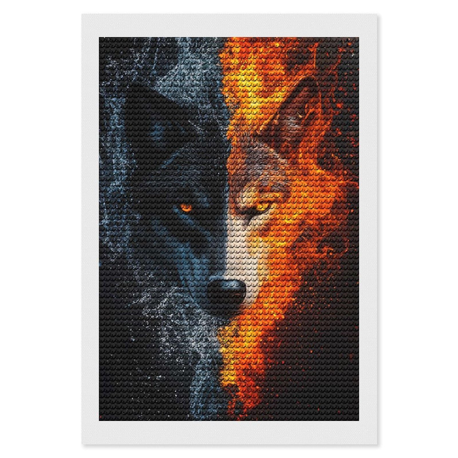 Junmoney Fire and Water Wolf Diamond Art Kit 8"x12", Relaxing DIY Hobby, Satisfying Creative Project, Living Room Decor, for Women