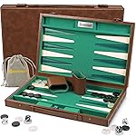 Premium 15 Inch Backgammon Set for Adults - Classic Faux Suede Leather Backgammon Board with 32 Chips, Dice Cups & Doubling Cube