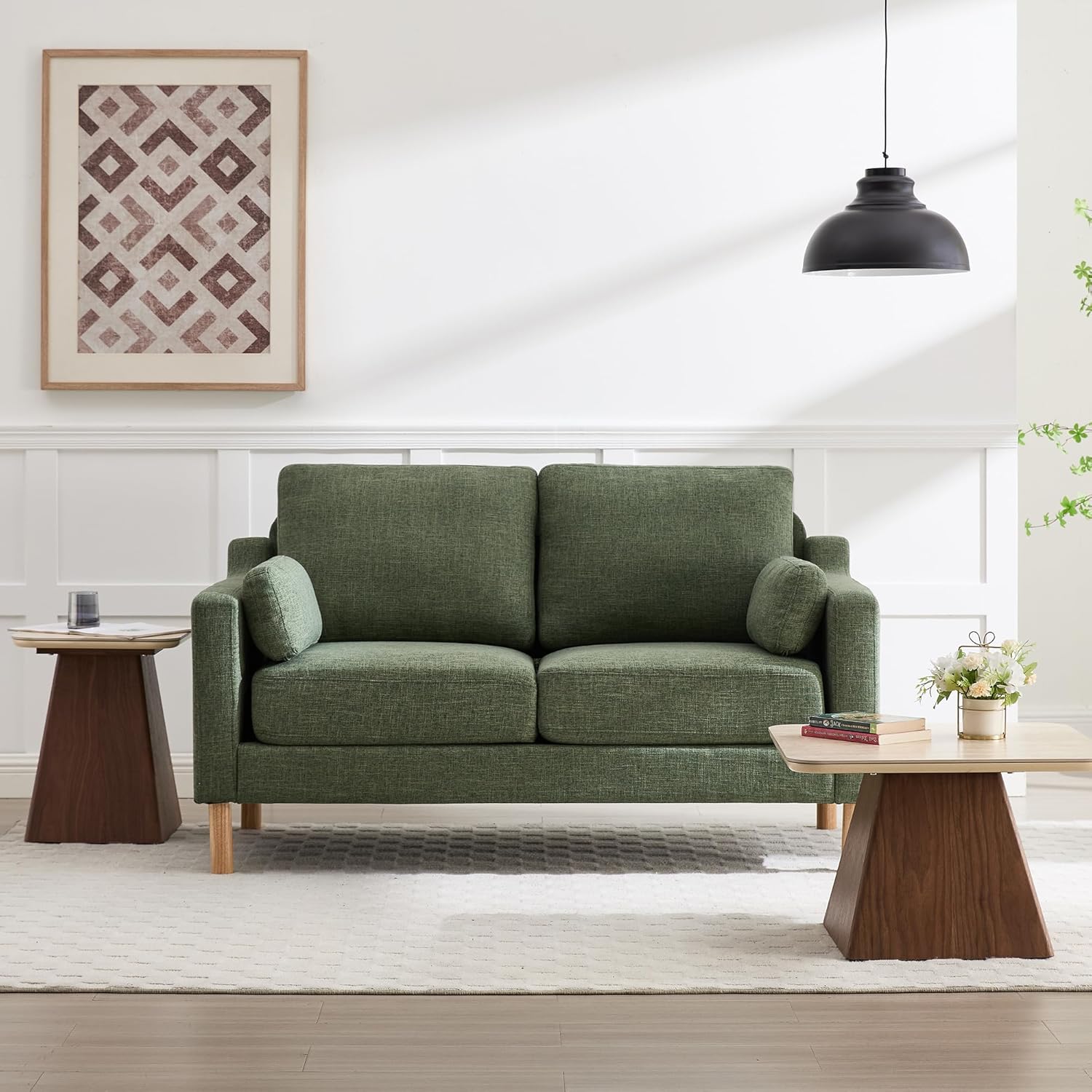 Tbfit 60" Linen Love Seat with Spring Cusions, Mid Century Modern Loveseat Sofa for Livingroom & Bedroom, Comfy Upholstered Small Couch, DarkGreen