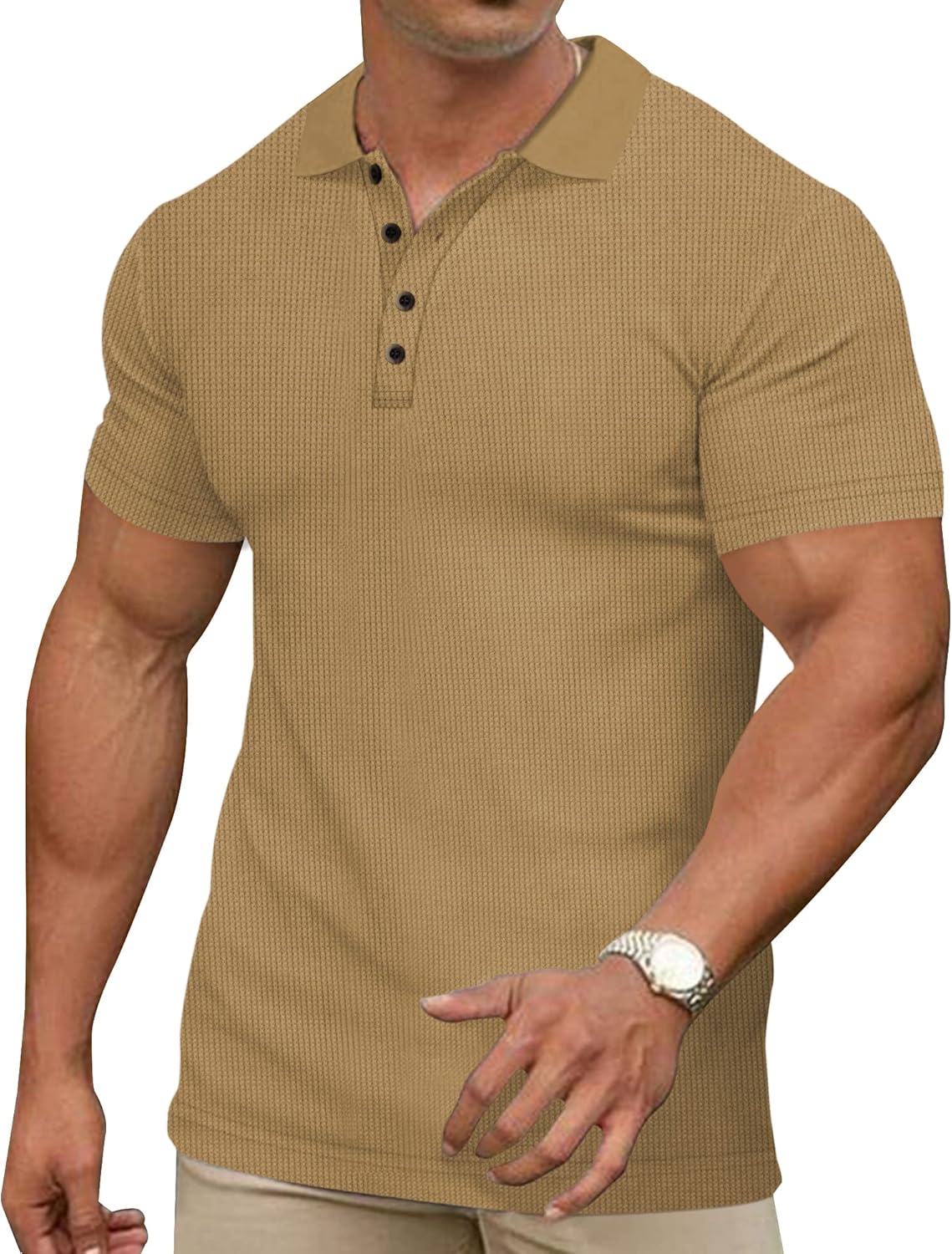 Men's Casual Polo Shirts Classic Button Basic Short Sleeve Waffle Solid Fit Golf Tees Stylish Tops - Image 3