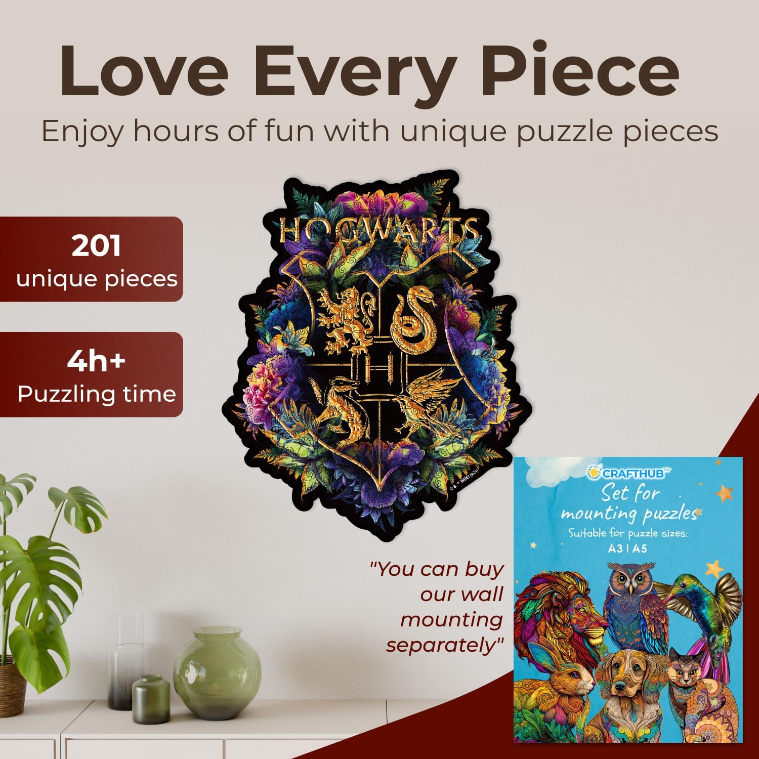 CRAFTHUB Harry Potter Puzzle – Hogwarts Crest – Fine Oddities – A3 Size – Wooden Jigsaw Puzzles for Adults – 201 Unique Shaped Pieces – Officially Licensed Merchandise – 10.8" x 13"