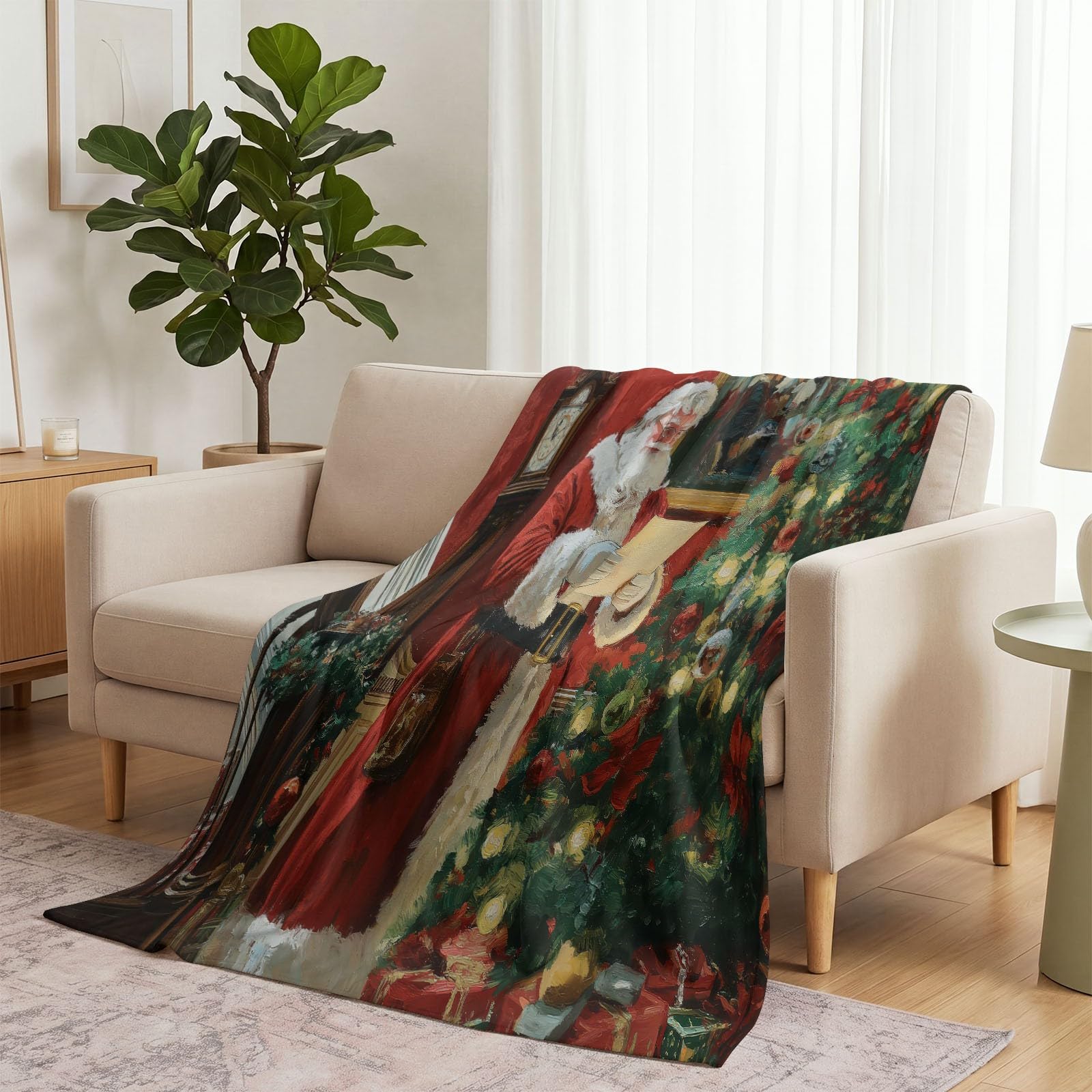 Coperta in flanella stampata, 180 x 220 cm, rossa, morbida, morbida, per Natale, festività, illustrazione, per casa, divano, sedia, viaggi, tradizionale fiocco di Babbo Natale