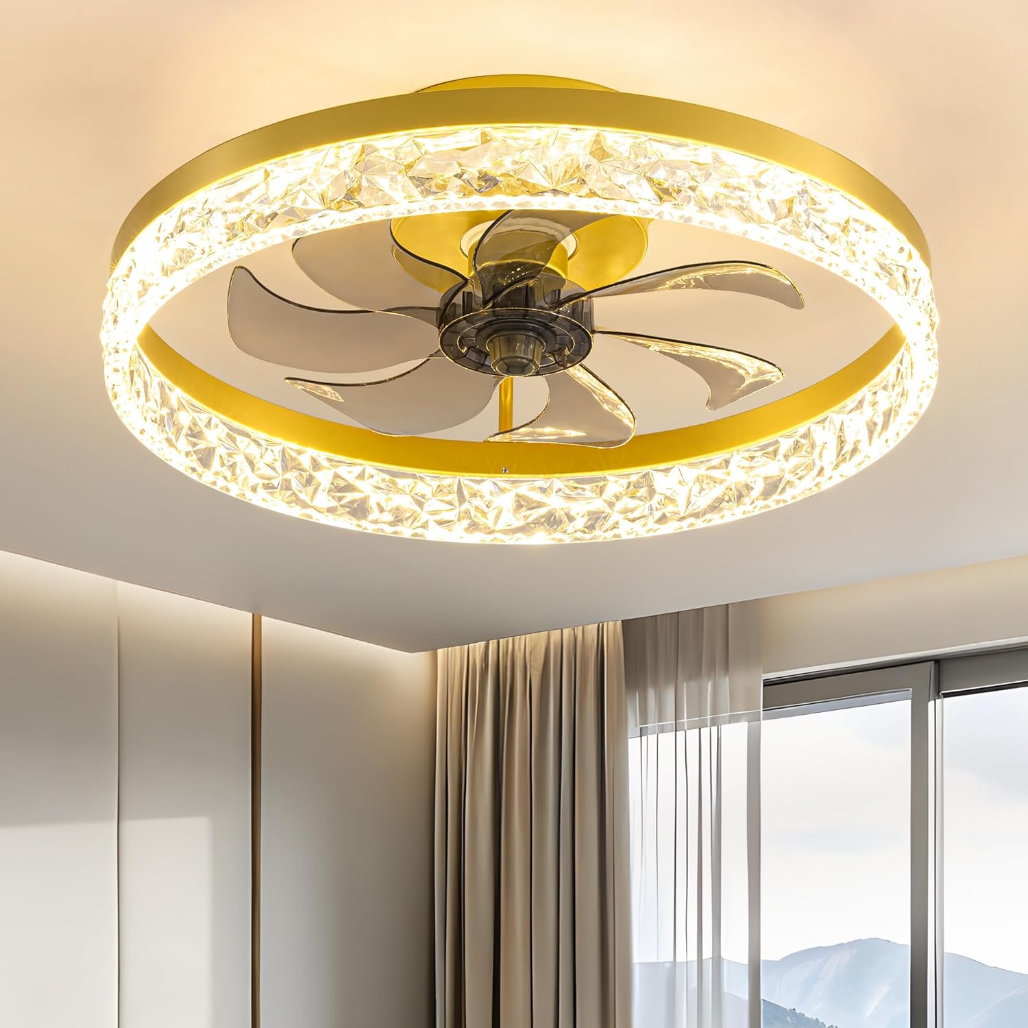 KDG 19.7" Low Profile LED Ceiling Fans with Light, Reversible Flush Mount with Remote and 6 Winds Speeds Fan Lighting, 3 Colors Dimmable for Bedroom, Living Room, Kids, Dinning Room, Kitchen (Gold) Gold (19.7in)