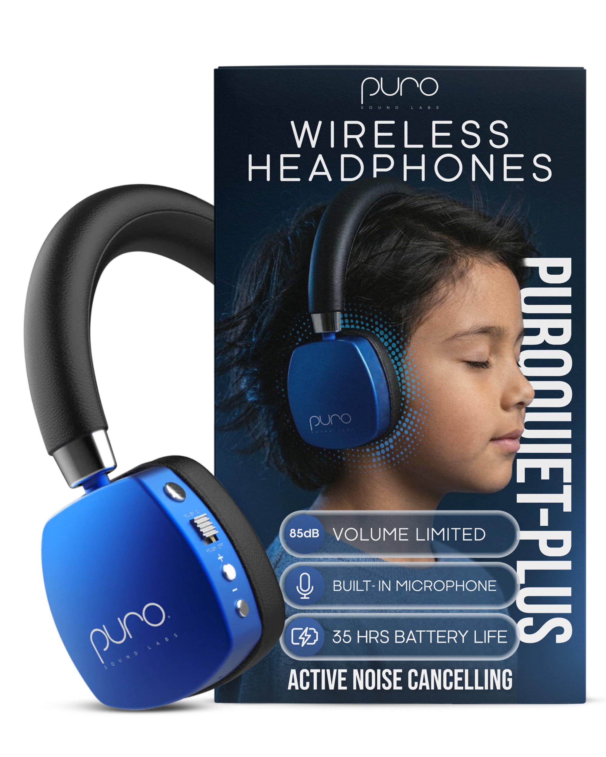Puro Sound Labs PuroQuiet Plus Lautstärkebegrenzte On-Ear Active Noise Cancelling Bluetooth Kopfhörer – Leichte Kopfhörer für Kinder mit eingebautem Mikrofon – Sicherer Sound (Blau)