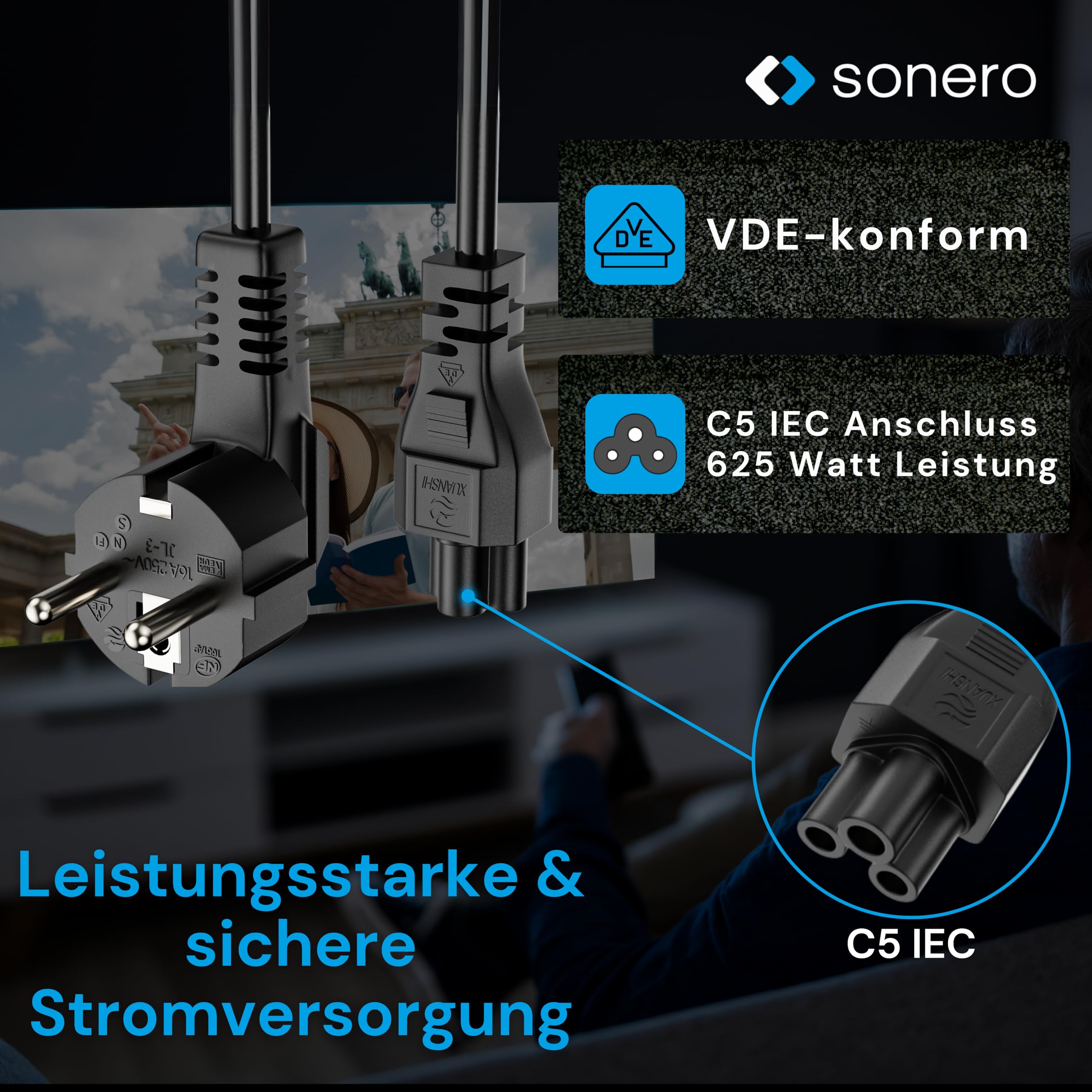 sonero Kabel zasilający 3-biegunowy, 1,0 m, wtyczka ze stykiem ochronnym, wtyczka sieciowa do gniazda C5, kabel sieciowy zasilacz sieciowy kabel zasilający do monitora PC laptopa, czarny