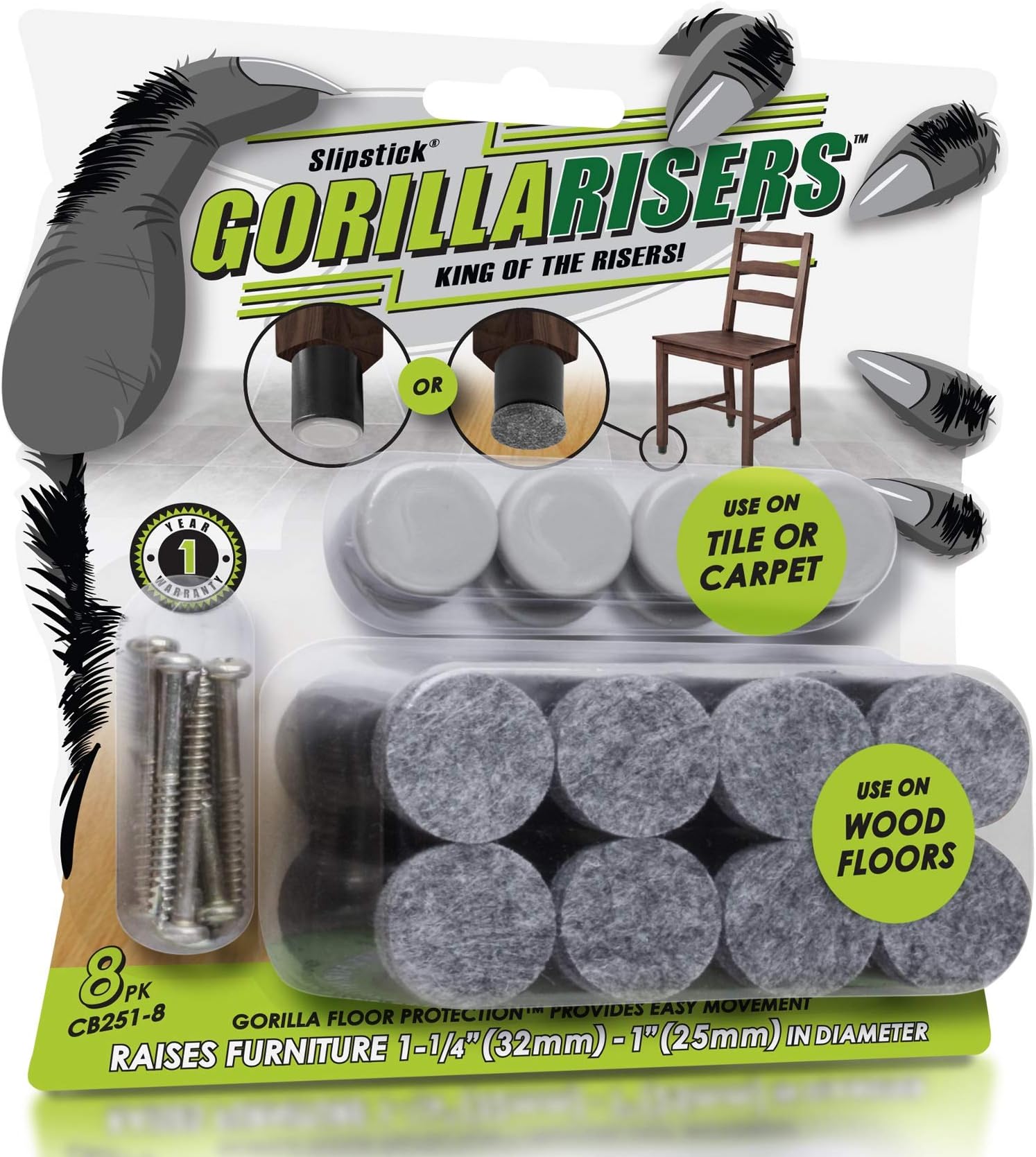 GorillaRisers CB251-8 Screw on Furniture Risers (8 Pack) Floor Protector Slider Legs Raise Furniture Height 1-1/4” to 1-1/2", Plastic & Felt Glides, 1 Inch Round Chair Risers Furniture Leg Extenders