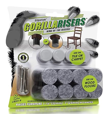 GorillaRisers CB251-8 Screw on Furniture Risers (8 Pack) Floor Protector Slider Legs Raise Chair or Table Height 1-1/4? to 1-1/2
