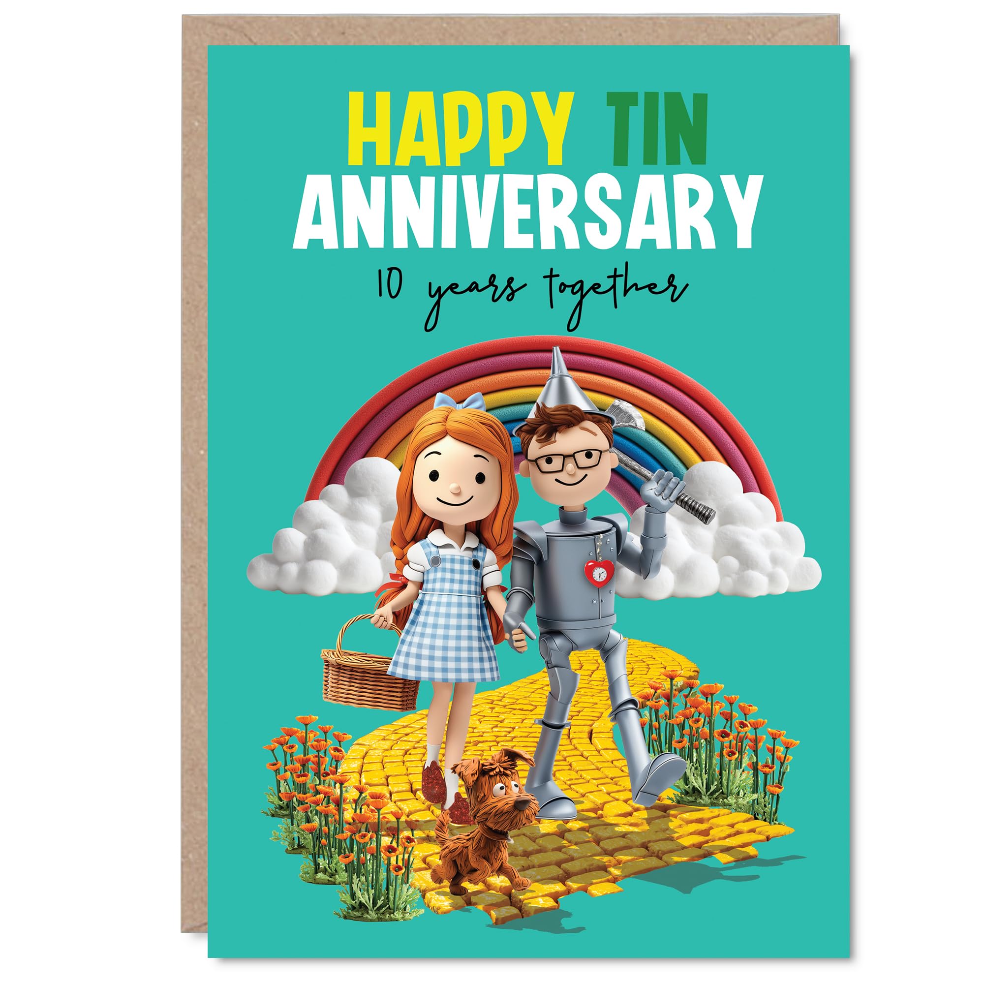 Milestone 10th Anniversary Card - Whimsical Fantasy Couple Illustration - Bright Tin Anniversary Celebration in Teal and Yellow - A5, Envelope Included