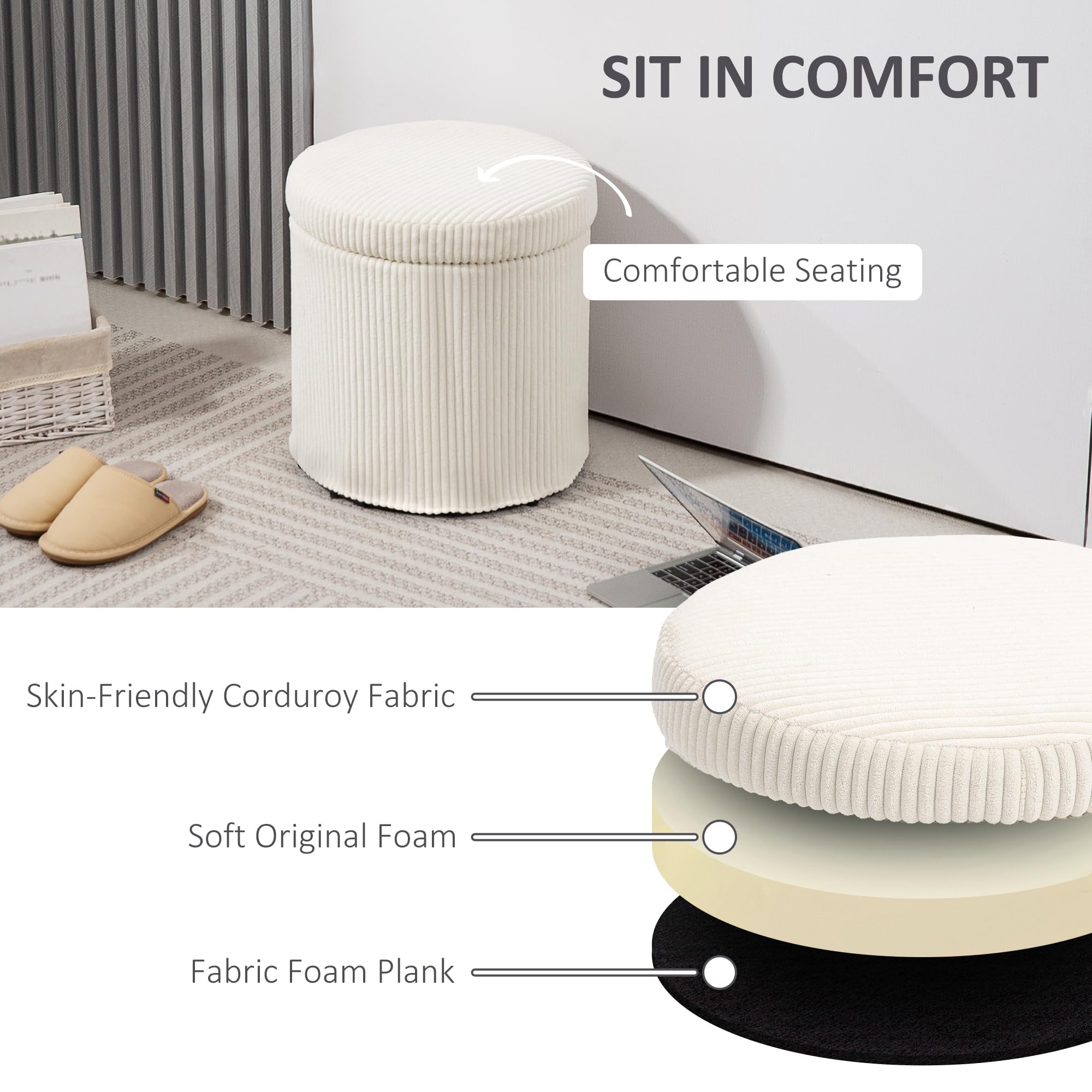 HOMCOM Pouf Rond 40cm en Velours avec Couvercle Pédestal Beige