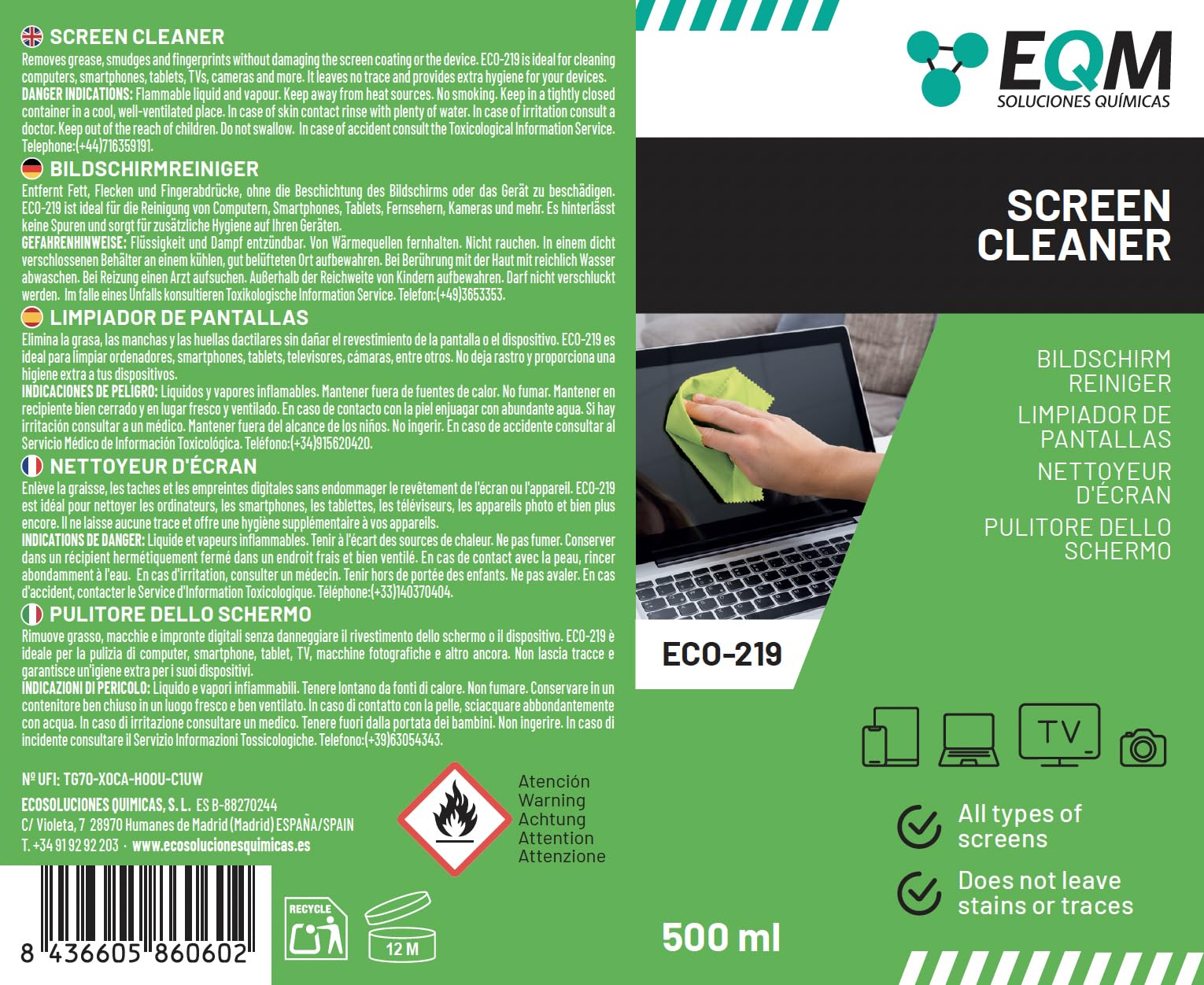EQM - ECO-219 - Kit Nettoyant Écrans + Chiffon Microfibre - 500 ML - Format Premium - Compatible Tablette, Mobile, Ordinateur Portable, Appareil Photo, LED, OLED